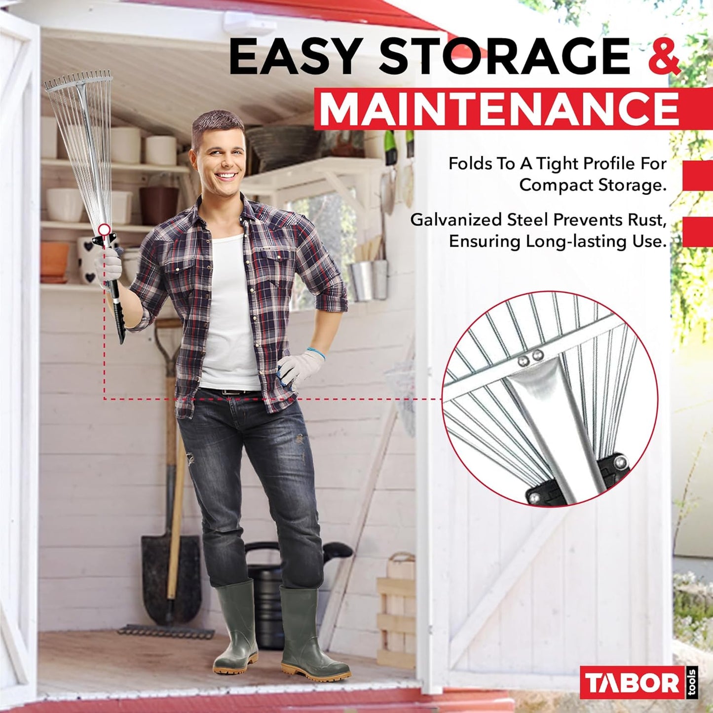 TABOR TOOLS Adjustable Metal Rake - Collapsible & Telescopic - Garden, Yard, & Lawn - Ideal for Leaves, Shrubs & Small Areas. J16A