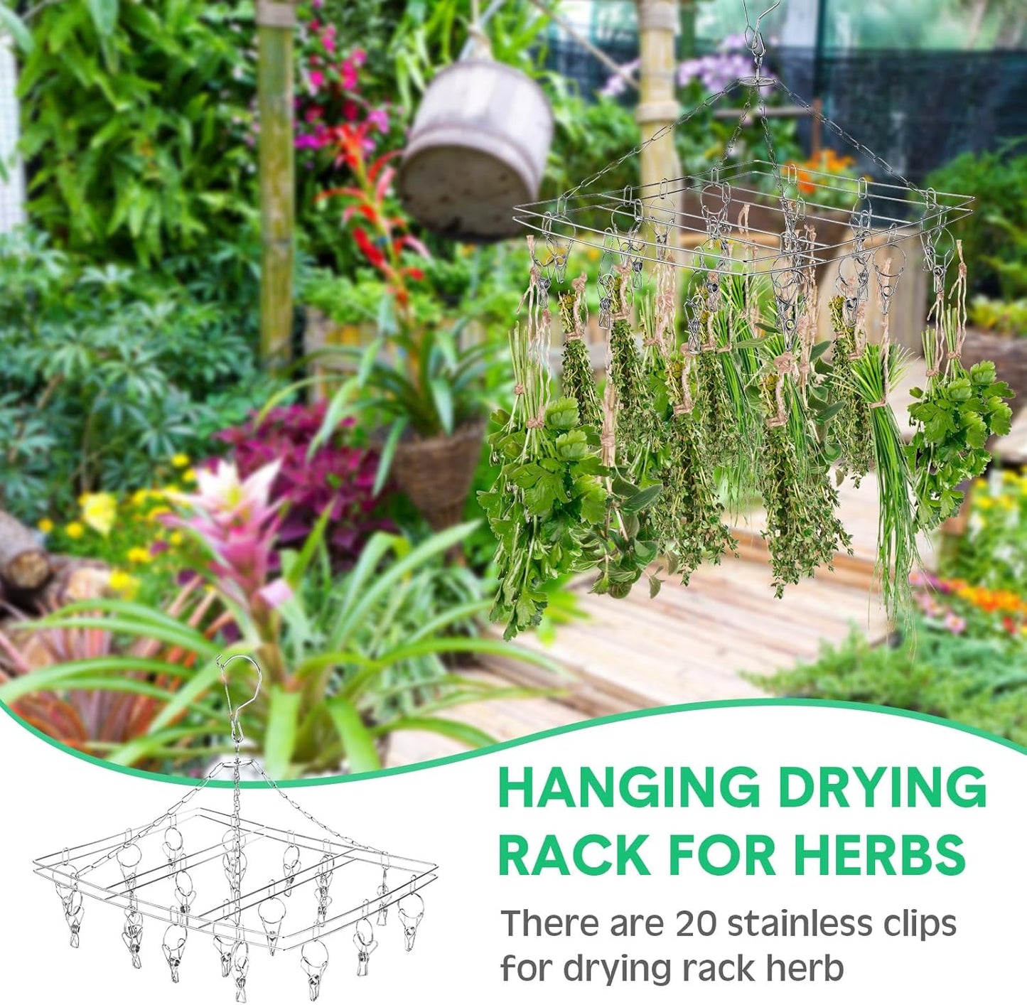 Bokon 4 Pcs Hanging Drying Rack for Herb Macrame Flower with Stainless Clip Dryer Hook for Drying Herb Air Plants Spices Flower Hydroponic Plant Ready to Use with Ceiling Hook(Rectangle)