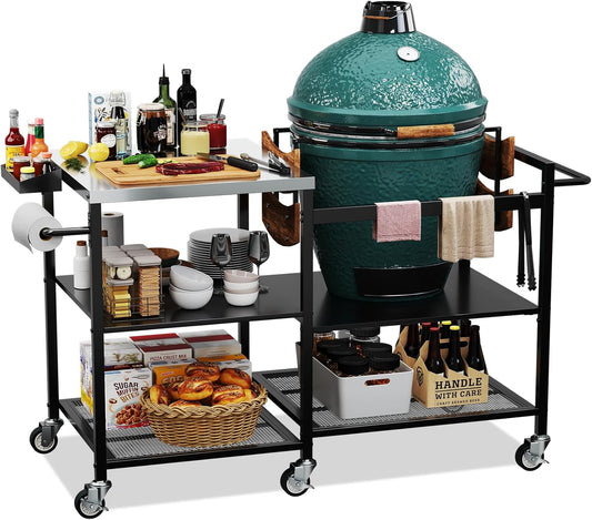 TC-HOMENY Grill Table for Big Green Egg Stand, Metal Cooking Table Stand with Wheels, Heavy Duty Outdoor Movable Style BBQ Grill Cart, Grill Holder Compatible with Large Big Green Egg and Other Models