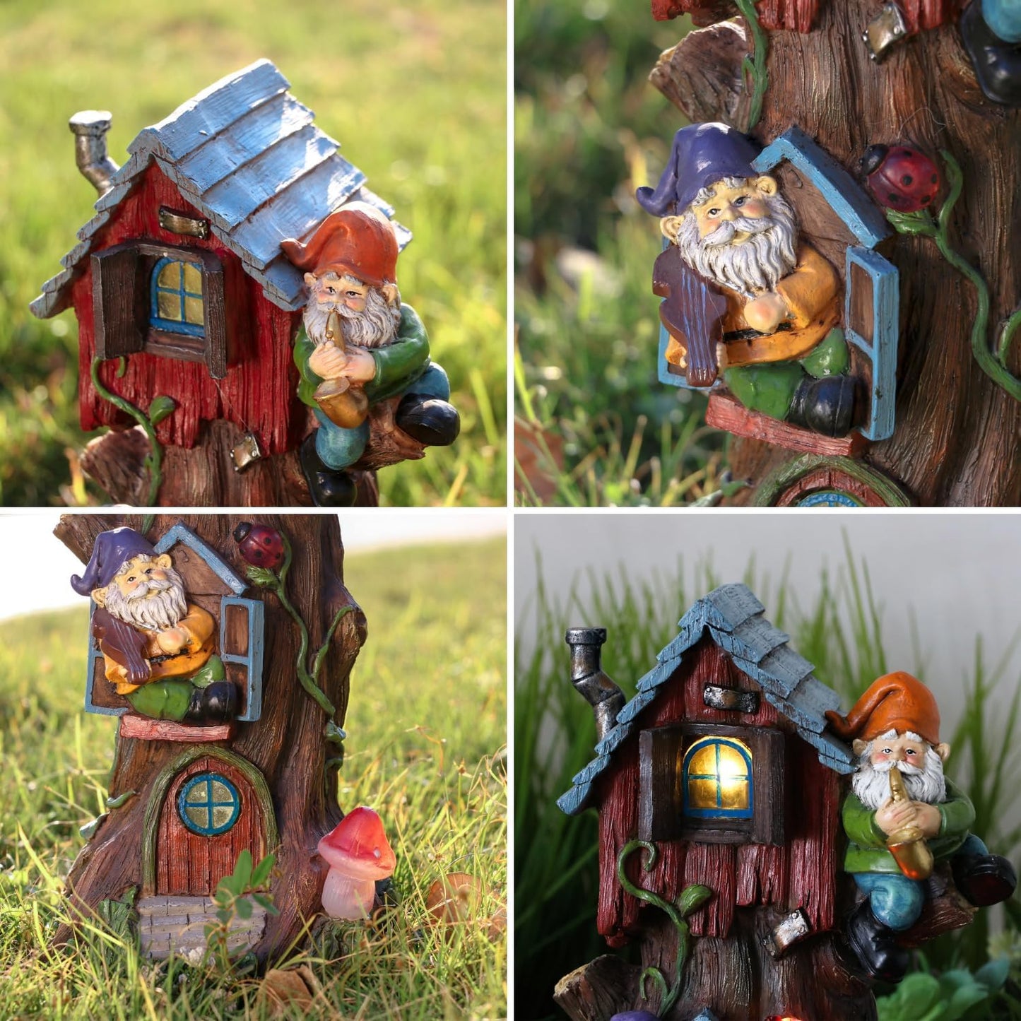 TERESA'S COLLECTIONS 11" Tall Large Garden Statues Gnome Treehouse with Solar Outdoor Light, Garden Sculptures Statues Figurines Resin Garden Decor Lawn Ornaments Patio Yard Decor Gifts for Mom