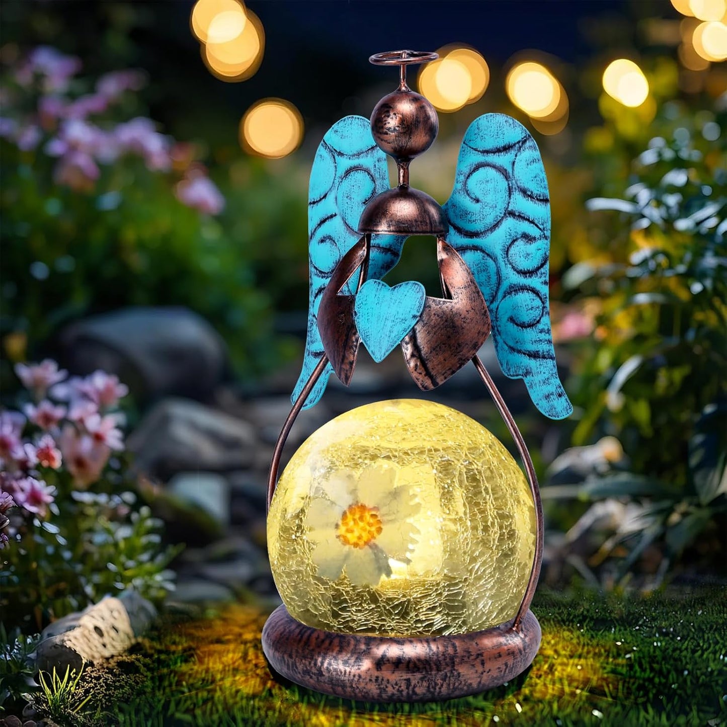 MUMTOP Angel Solar Lights Outdoor Garden - Solar Lanterns Light Decorative Waterproof with Glass Cracked Globe Tabletop Lantern Lamp Ornaments for Yard Patio Decor Gift (Hold Heart)