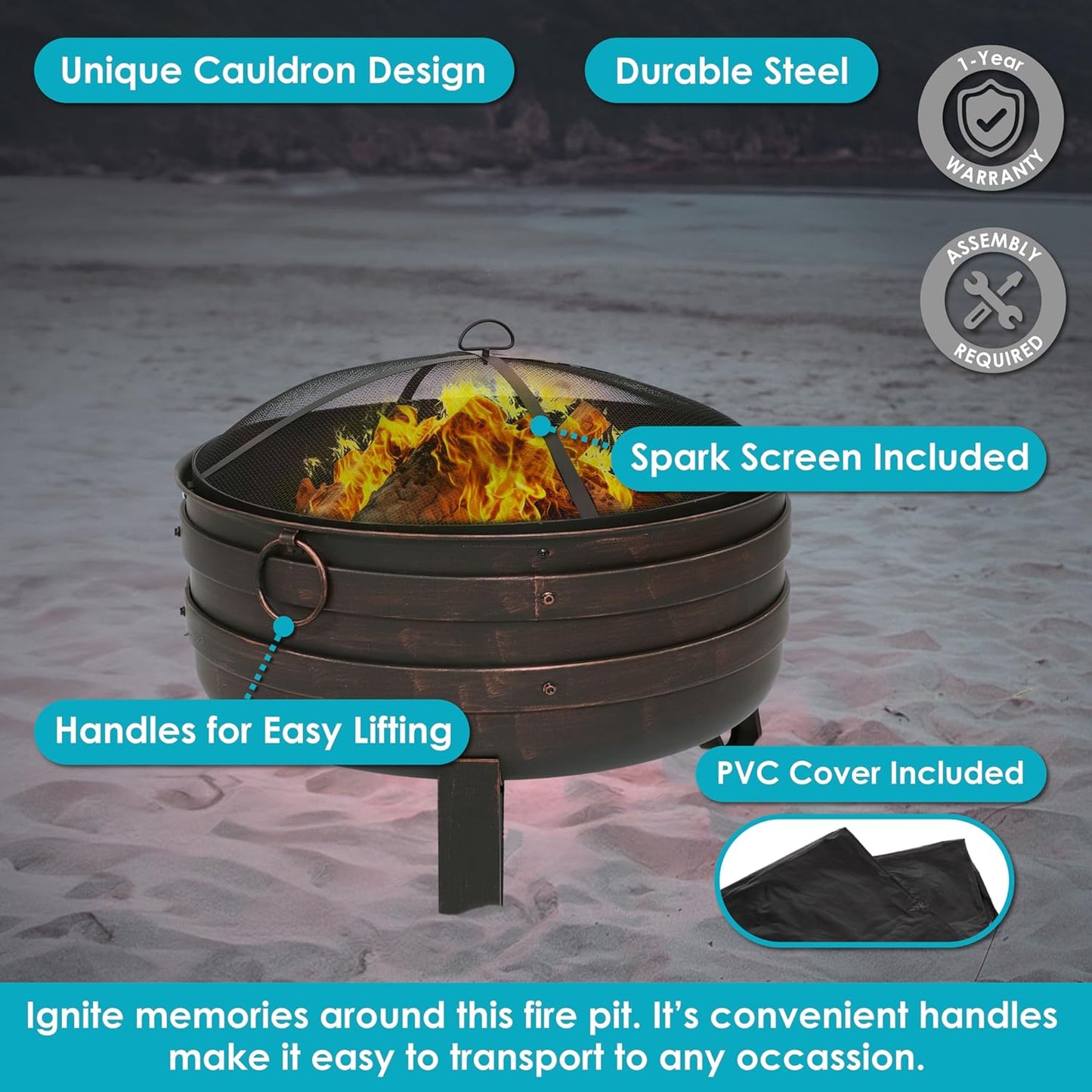 Sunnydaze 24-Inch Heavy-Duty Steel Cauldron Fire Pit - Includes Spark Screen and Protective Cover - Brushed Bronze