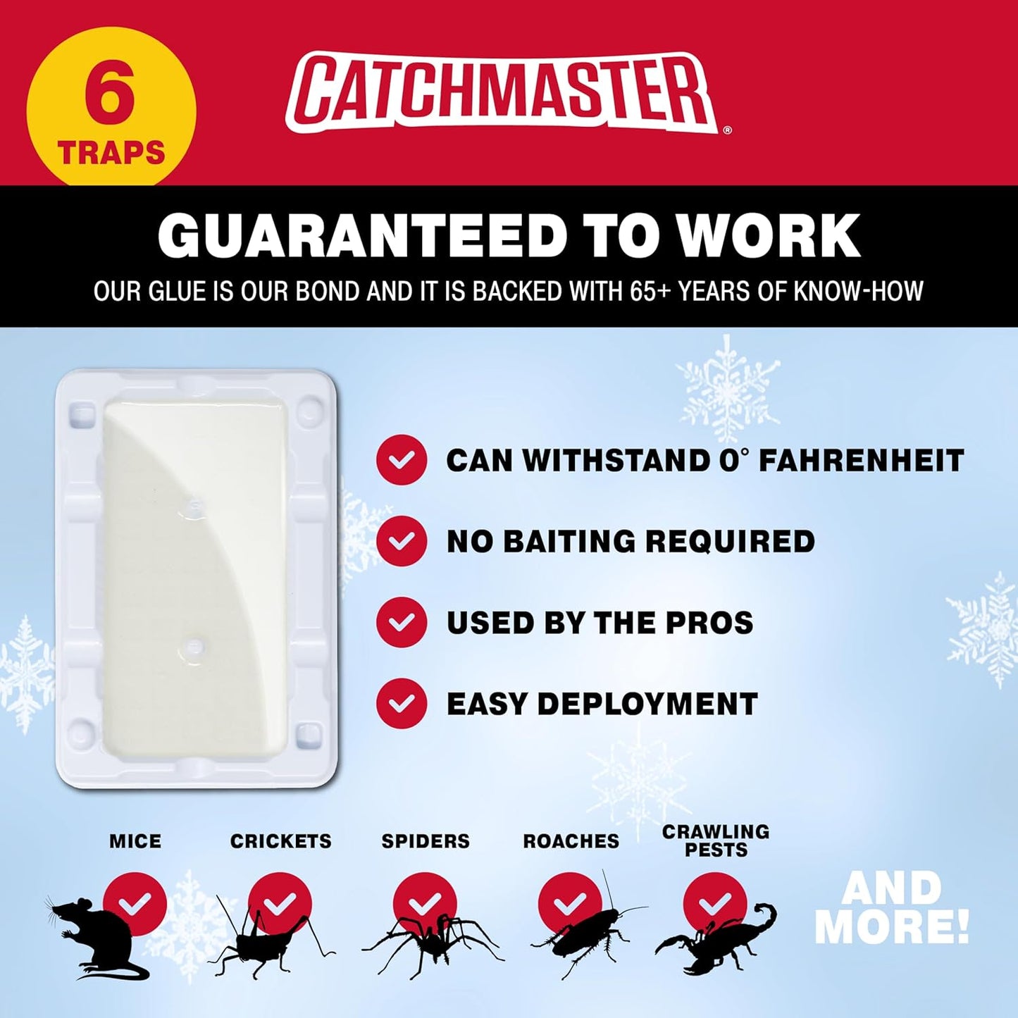 Catchmaster Freeze Resistant Glue Traps 6PK Mouse Traps Indoor for Home, Pest Control Adhesive Tray, Catch Bugs, Crickets, Spiders & Rats, Glue Boards for Cold Weather, House, Shed & Garage