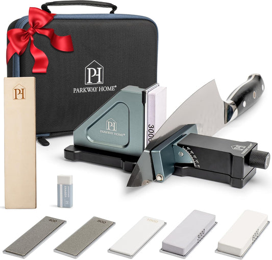 ORIGINAL ADJUSTABLE ROLLING KNIFE SHARPENER KIT: Adjustable Height, 30 Angle Options, 5 Removeable Whetstone Plates, Leather Strop with Travel Case - Kitchen Knife Sharpener