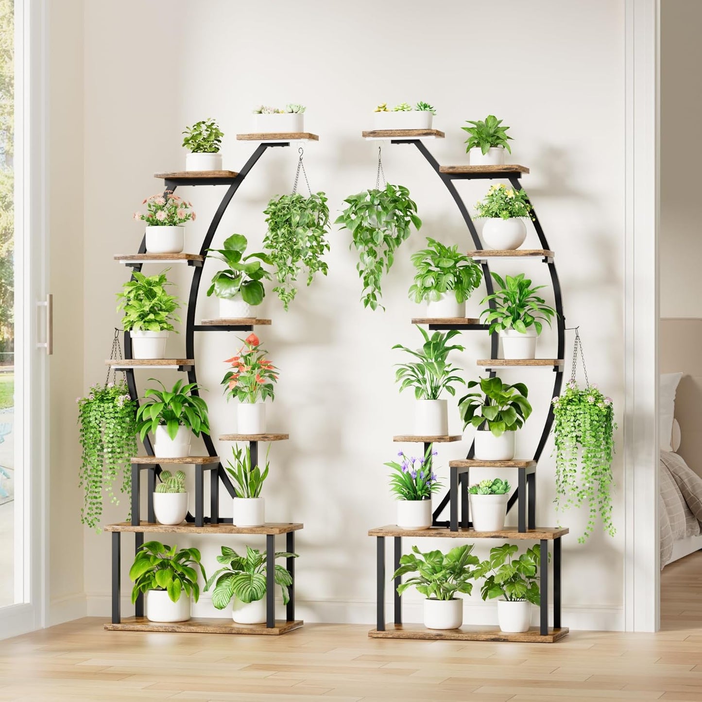 Plant Stand Indoor with Grow Lights, 9 Tiered Metal Plant Shelf, 64" Tall Plant Stand for Indoor Plants Multiple, Large Plant Rack Display Shelves, Curved Plant Holder for Living Room, Patio