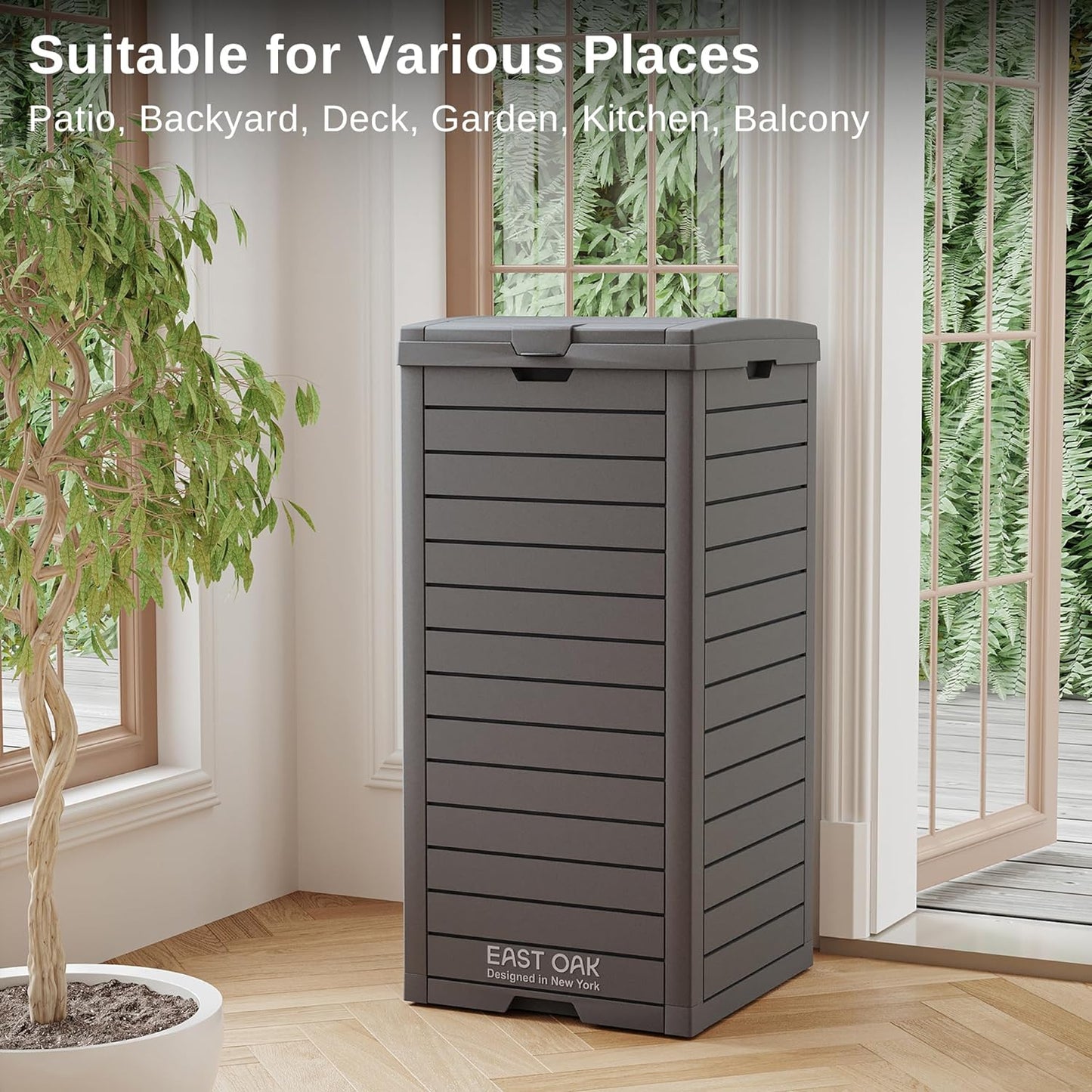 EAST OAK 38 Gallon Outdoor Trash Can | Waterproof Resin Garbage Can with Tiered Lid & Drip Tray | Outside Trash Bin for Patio | Kitchen, Backyard & Deck | Gray Color