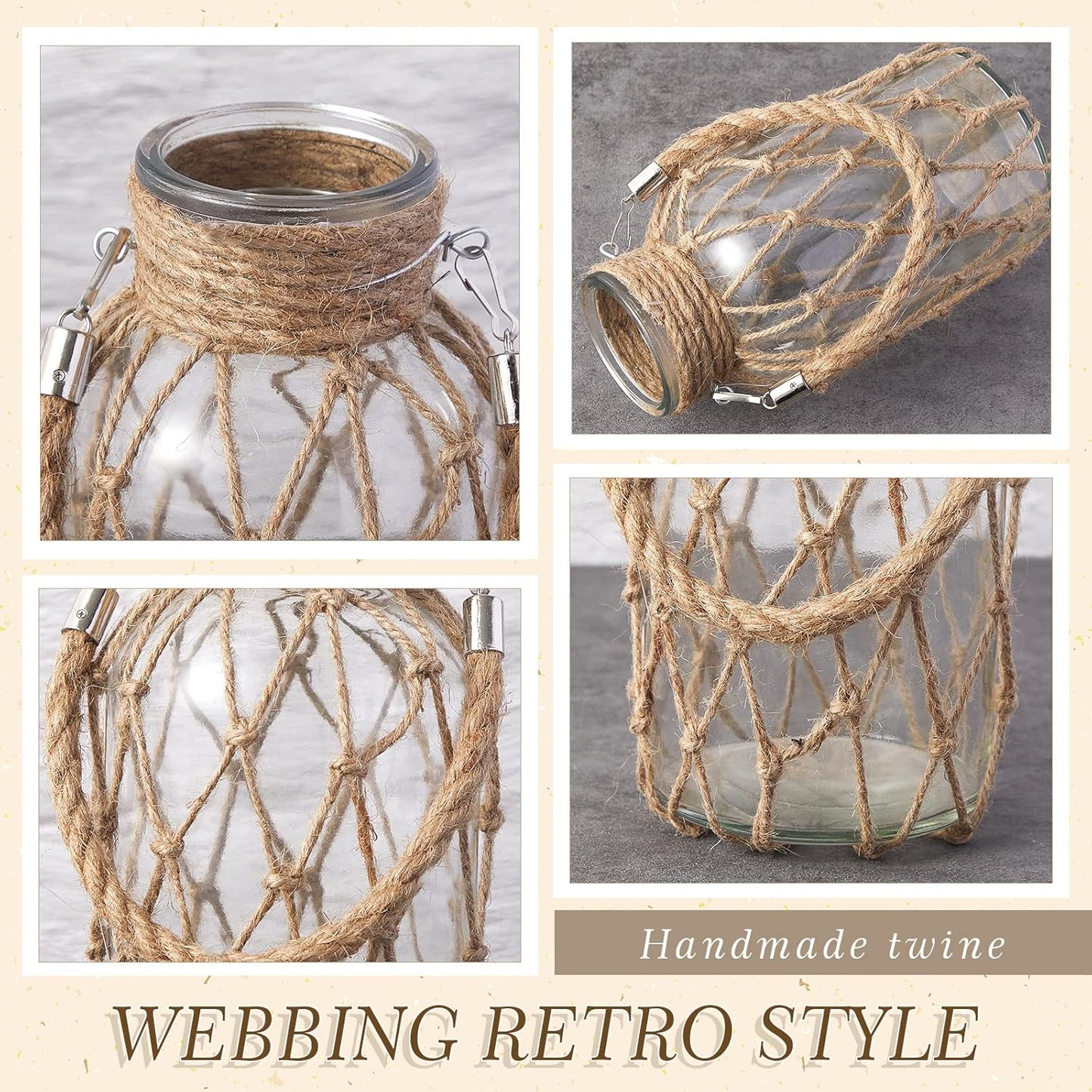 Set of 4 Rope Net Dry Flower Glass Vase 7.9 x 4 Inches Wicker Farmhouse Vase Coastal Decor for Wedding Tables Home Rustic Hanging Mason Jar Rope Wrapping Decorative Bottles Nautical Decor