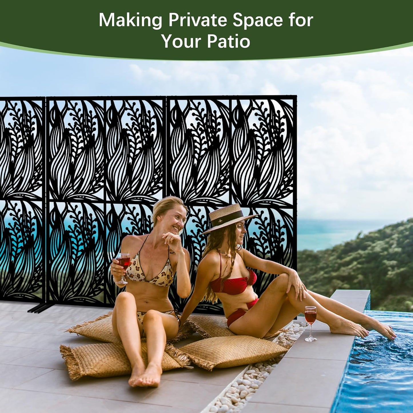 Metal Privacy Screen Outdoor W3.8Ft x H 6Ft Patio Privacy Panels Free Standing Divider Decorative 2 Pack for Balcony Garden Room Lawn Deck (2, Black Leaf)