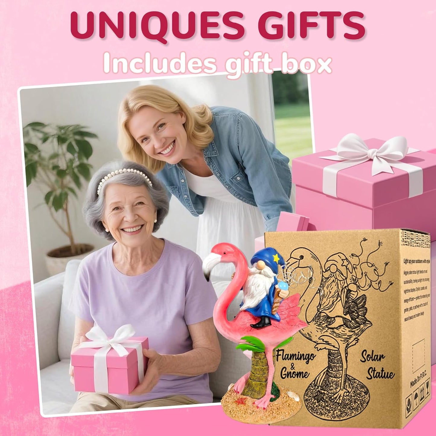 Funny Flamingo Gnome Solar Garden Statue with LED Light - Outdoor Yard Lawn Patio Decor - Great Birthday Housewarming Gift for Women, Mom, Grandma