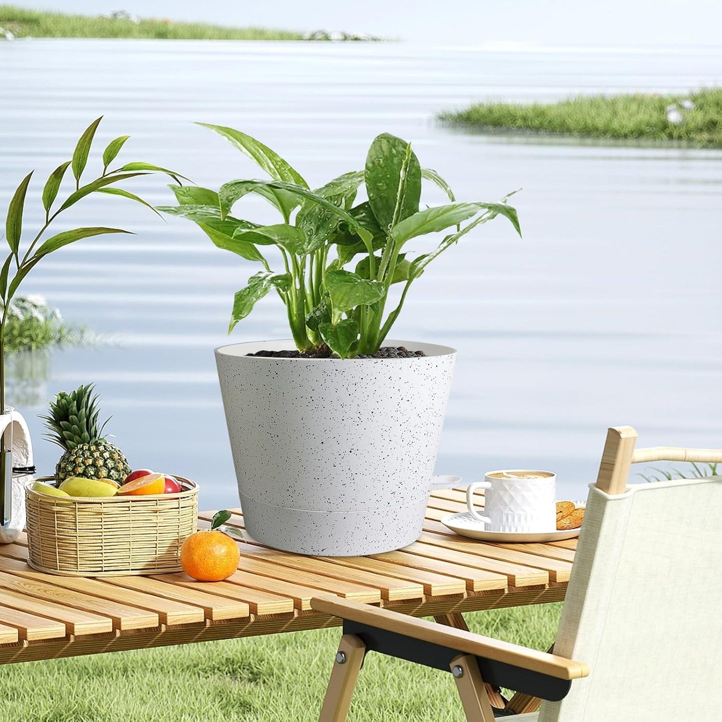 12 inch Large Self Watering Pots, Plant Pots with Mesh Drainage Holes for Indoor Outdoor Plants, Plastic Planters with Deep Reservoir for Garden House Flower Plants, Speckled White