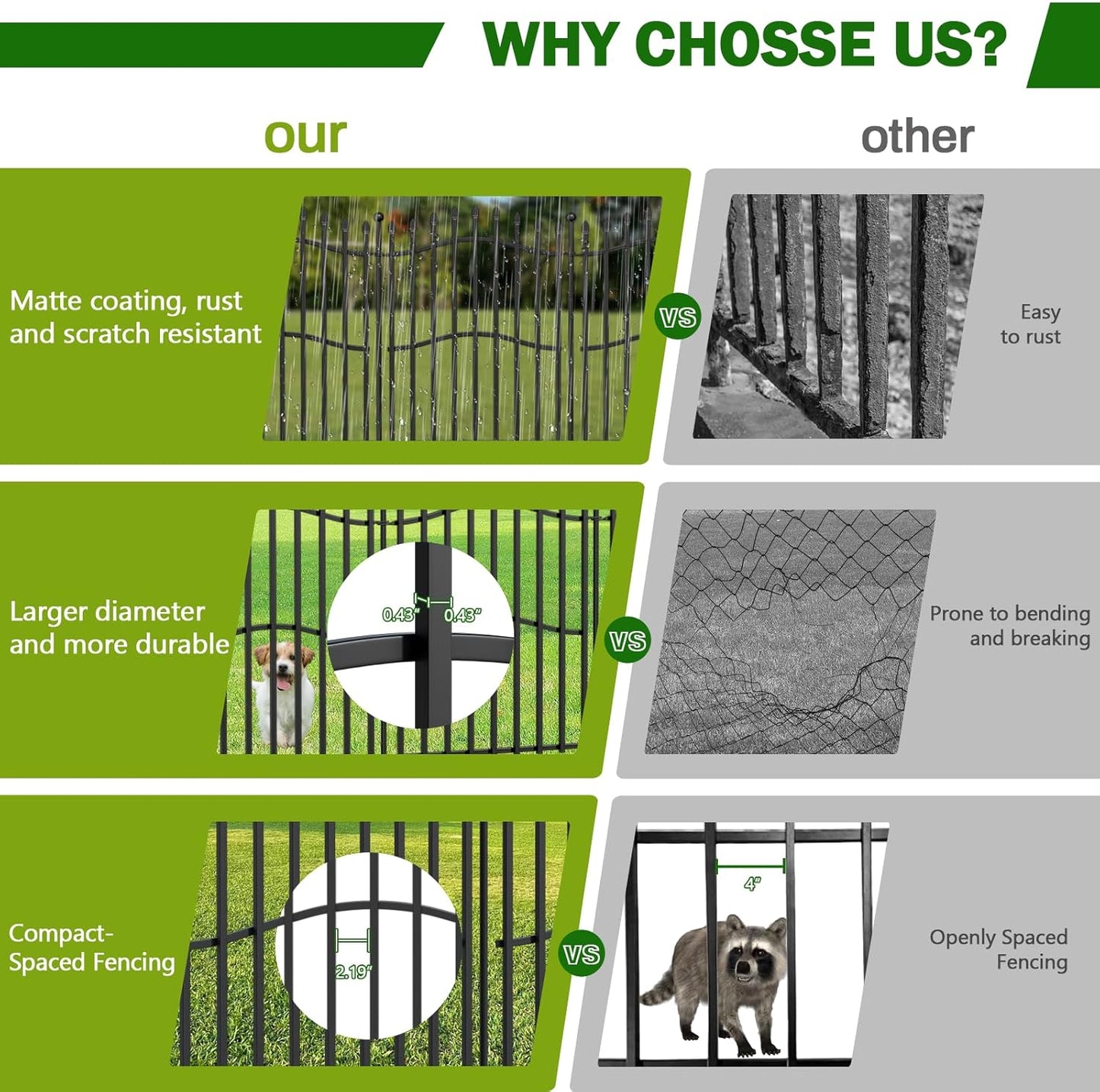 8 Panels No Dig Decorative Garden Fence with Gate - 40in H x 18ft L, Tall Heavy-Duty Square Tube Animal Barrier, Rustproof Dog Fence for Outdoor Yard & Patio Protection