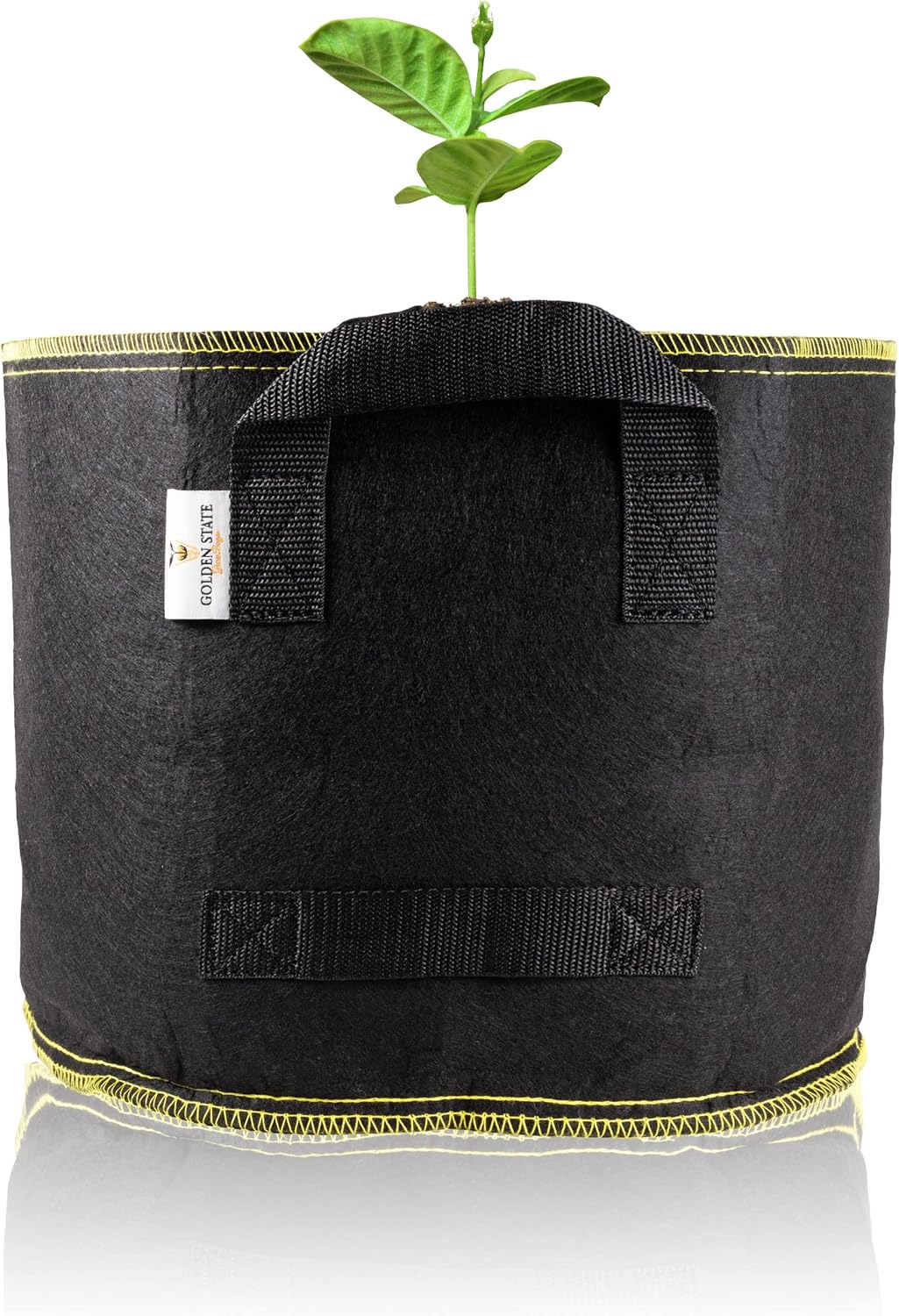 Grow Bags: 5-Pack (Size: 10 Gallon): 300gsm Black Felt Fabric w/Yellow Stitch, Biodegradable and eco-Friendly Material. (Handles + Dumping Handles-pat.Pend).