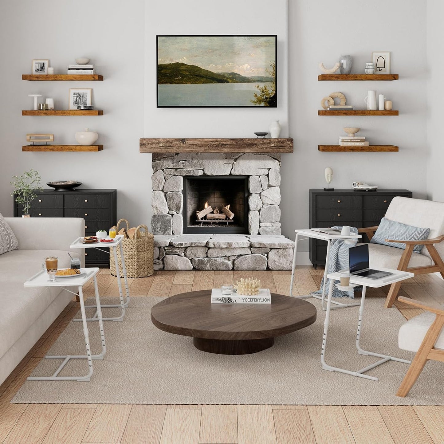 TV Trays Set of 4 - Folding TV Tray Adjustable Dinner Trays for Eating On Couch Wooden Tables Mate Stand Foldable White Desk with Cup Holder Portable