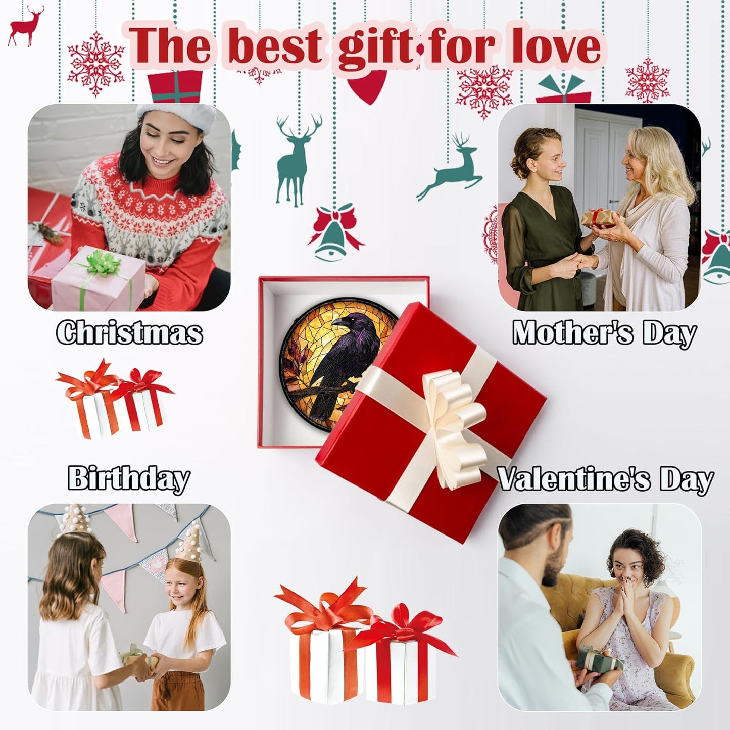 Stained Glass Window Hanging - Crow on a Branch Suncatcher Ready to Hang Window Doors Home Decoration and Christmas, Mother's Day Birthday Gifts for Women, Men, and Mom 7.8x7.8 in