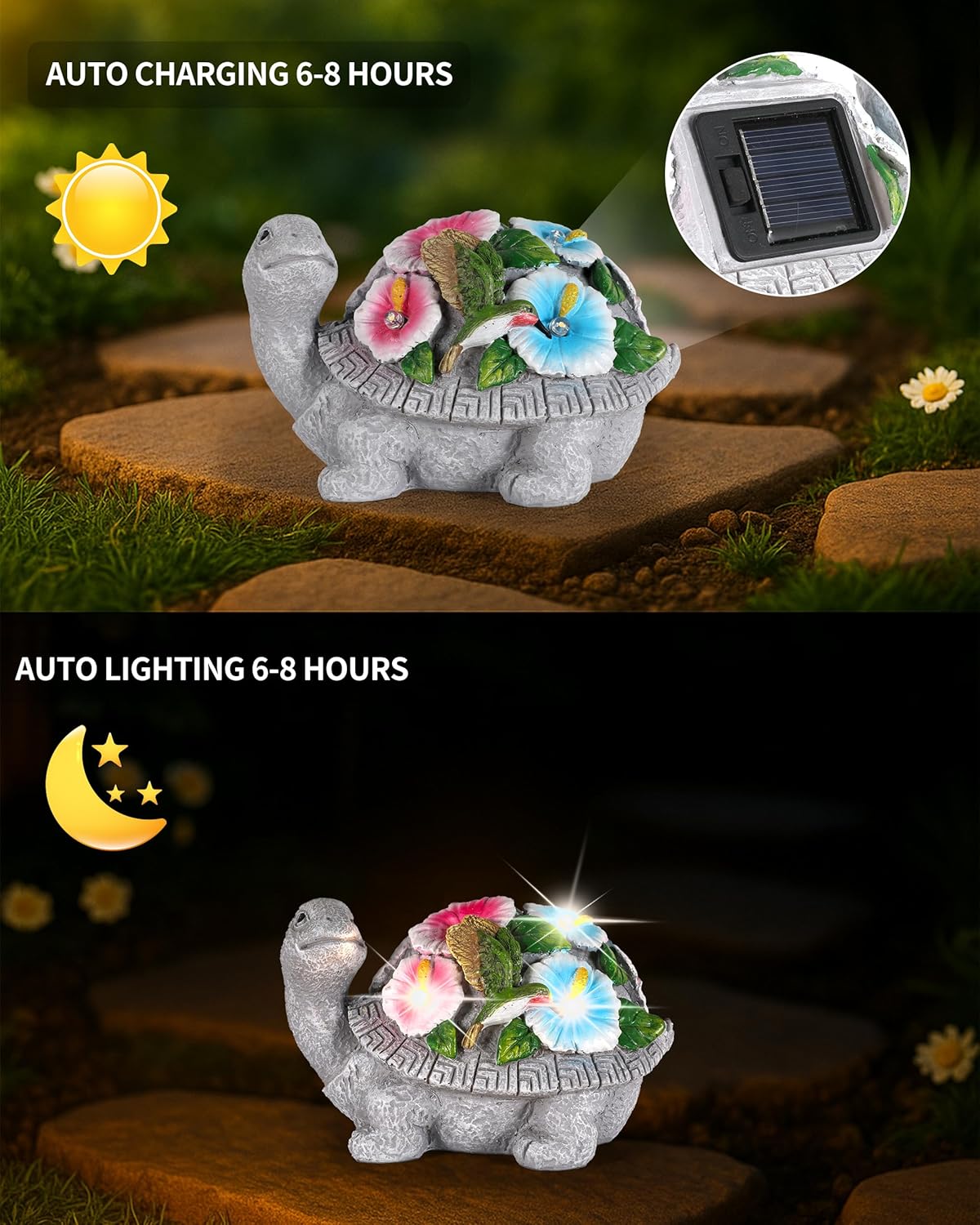 Solar Turtle Figurine Lights with Hummingbird Flower 5.5-inch – Garden Statue for Outdoor Yard Decorations, Lawn Ornaments, Balcony Decor – Ideal Gift for All Occasions (Turtle)