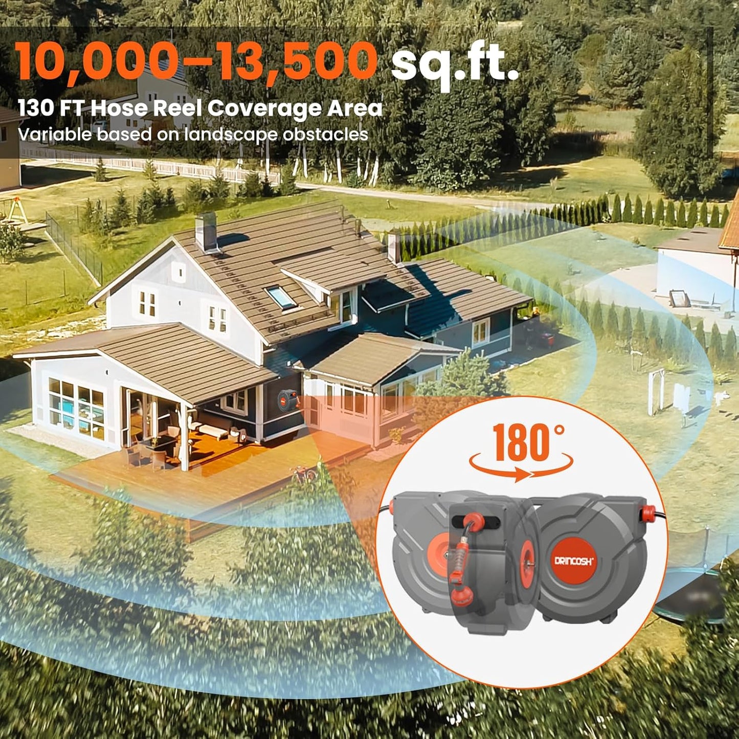 Upgraded Retractable Garden Hose Reels 130 ft X 1/2" PRO Metal Bracket 180° Swivel Any Length Lock Heavy Duty Water Hose Reels Wall Mount 9 Pattern Nozzle Garden Watering