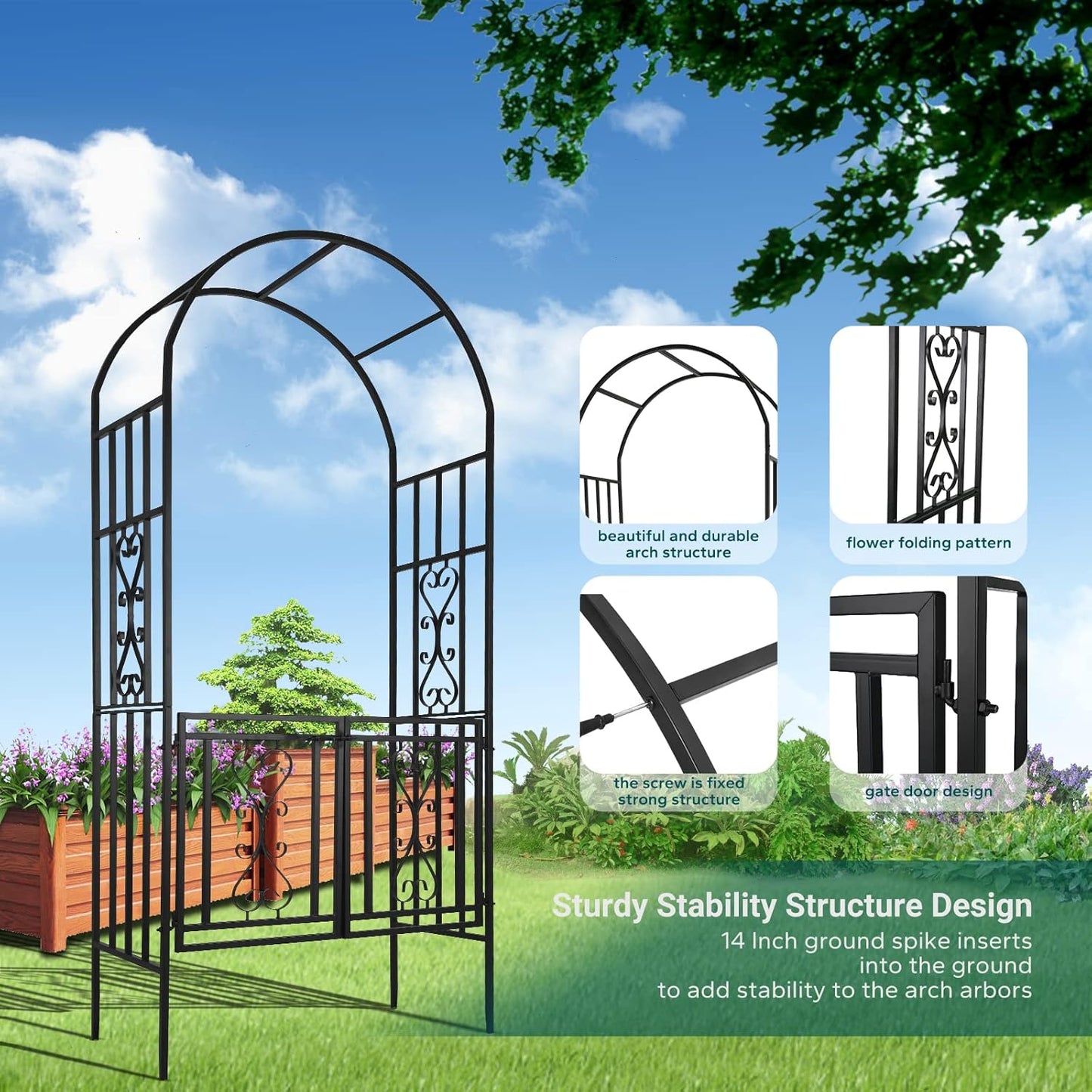 Heavy-Duty Arch with Gate, Iron Arbor Trellis Arbor Archway for Climbing Plants Roses Vines Support Rack, Outdoor Lawn Backyard Patio Wedding Party Ceremony Decoration