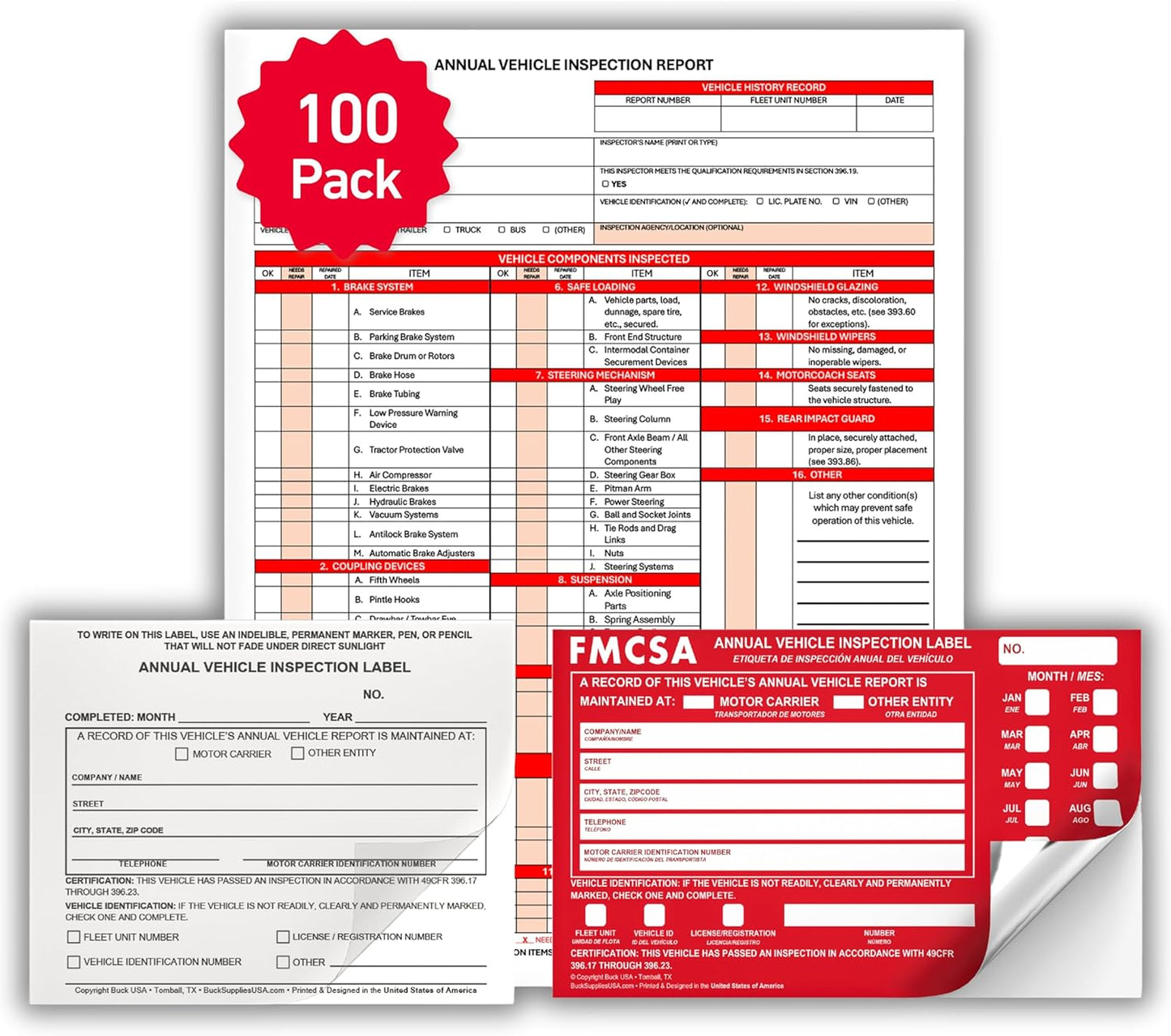 100 Pack 3-Ply Carbonless Annual Vehicle Inspection Report Forms with FMCSA Red Aluminum Labels & White Mylar Laminate Vinyl Labels, DOT Inspection Forms and Stickers, Shrink-Wrapped, 8.5" x 11.75"