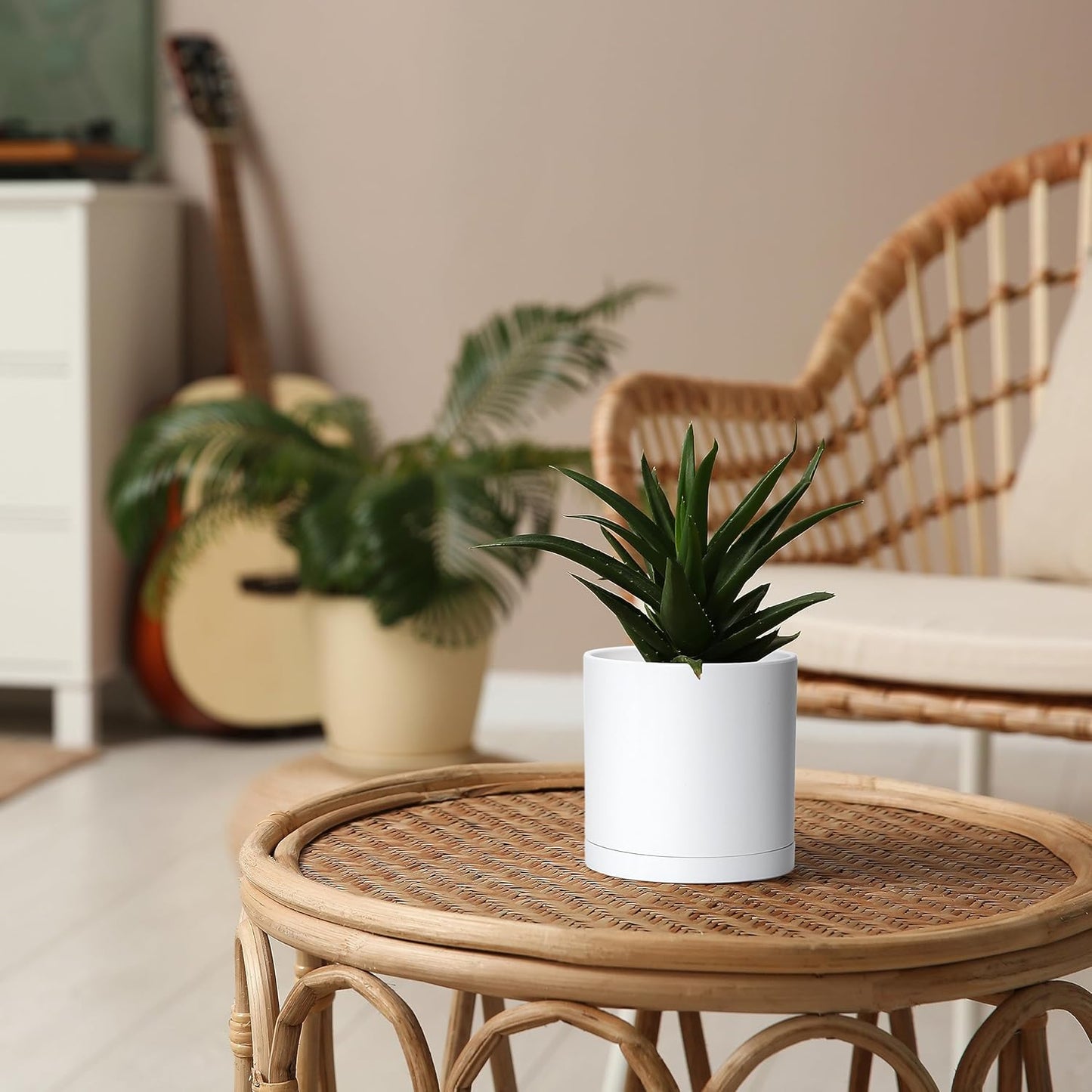 D'vine Dev 2 Pack 5 Inch Modern Plastic Plant Pots, Small Garden Planters for Plant with Drainage Holes and Saucers, White Color, 74-Z-G-1