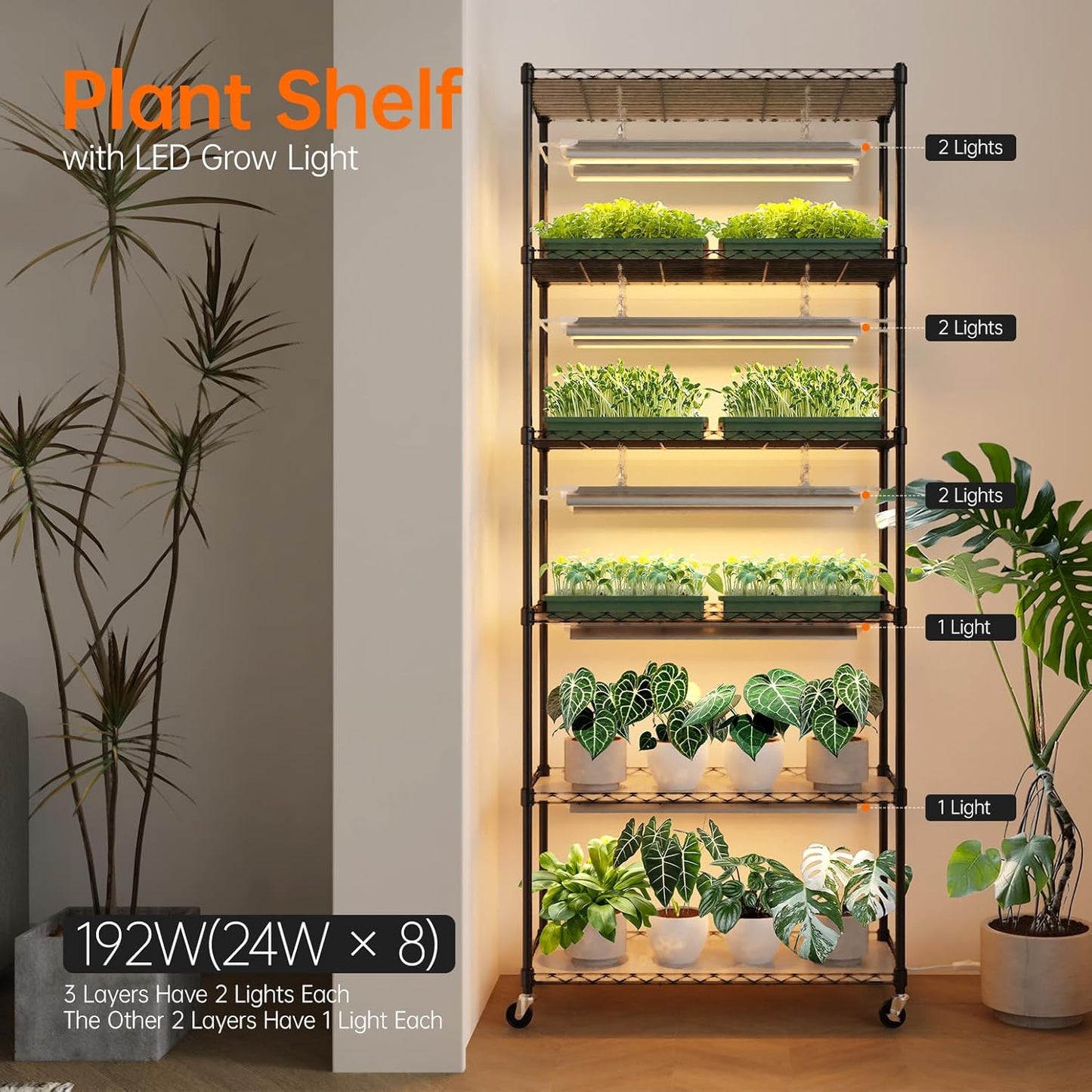 DIY Plant Shelf with Grow Lights, Grow Light Shelf with Adjustable Rack and Wheels, Plant Stand, 8-Pack 192W T8 3000K Full Spectrum Grow Lights for Seed Starting,Seed Tray(29.5L x 13.8W x70.9H)