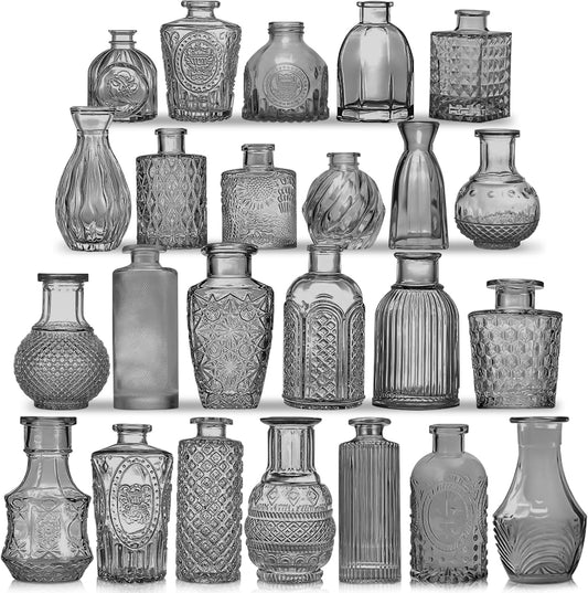 Dark Gray Bud Vases Set, 24 Pcs Vintage Small Vases for Flowers, Clear Crystal Mini Glasses in Bulk, Small Flower Design for Centerpieces Wedding Home Flower Party Decor