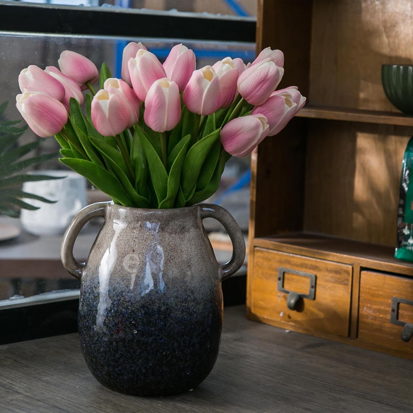 Brown Gradient Ceramic Vase with 2 Handles, Modern Farmhouse Decor, Rustic Terracotta Pottery, Decorative Flower Vases, Clay Small Vase, Centerpiece for Dining Table - 7 Inch Tall