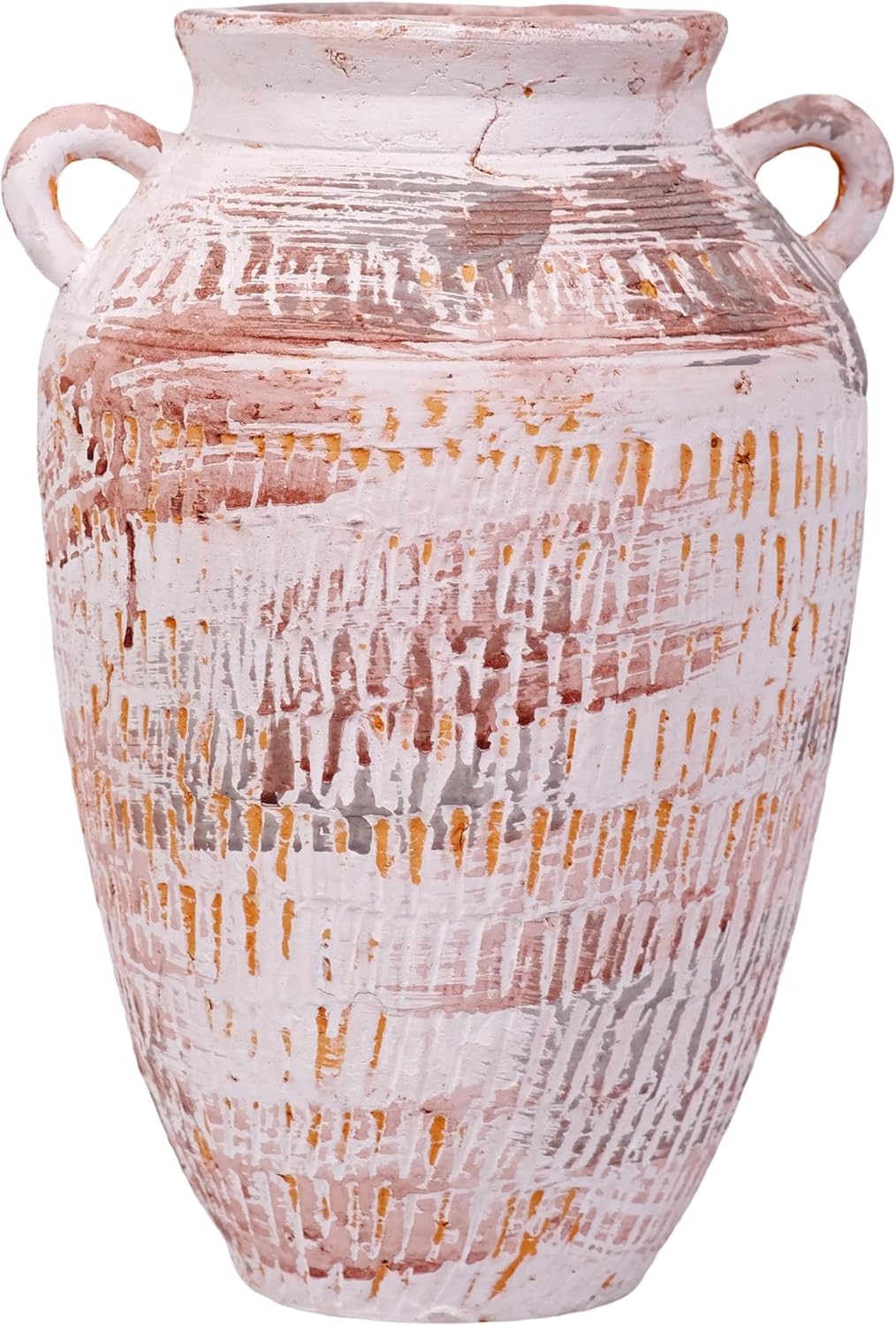 Vintage Ceramic Vase with Handles, 12.6" Height Distressed White & Brown Crackle Finish Planter, Handmade Pottery Flower Vase for Home Decor, Farmhouse, Boho Indoor Decor, with Waterproof Liner