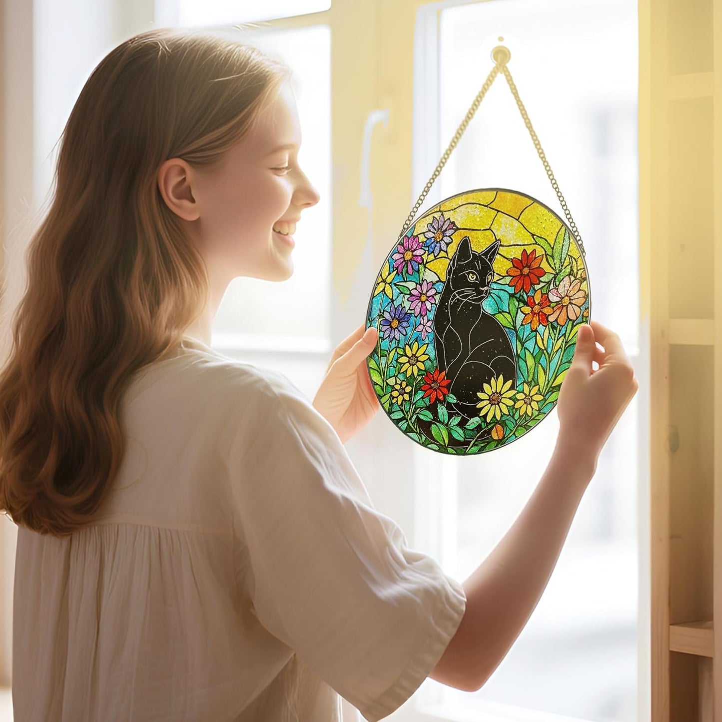 Black Cat Stained Glass Window Hanging, 8 Inch Sun Catchers Indoor Window, Suncatchers for Windows Hanging, Home Decor and Christmas, Festival, Mother's Day, Birthday, Gifts for Women, Men, Cat Lovers