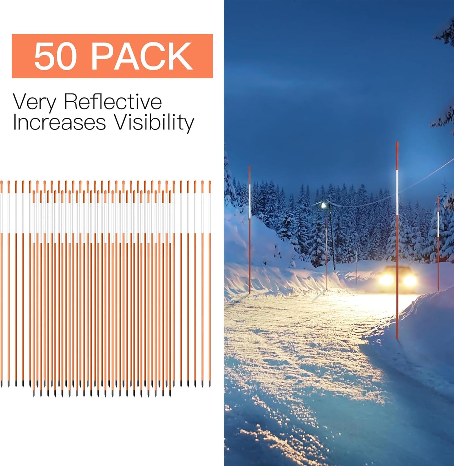 Driveway Markers 48 inch 50pcs, 5/16” Dia 4FT Snow Stakes with Reflective Tape, Highly Visible for Parking, Walkways, Snow Markers, 4FT Orange Fiberglass Poles Reflectors Markers with Steel Drill Bit