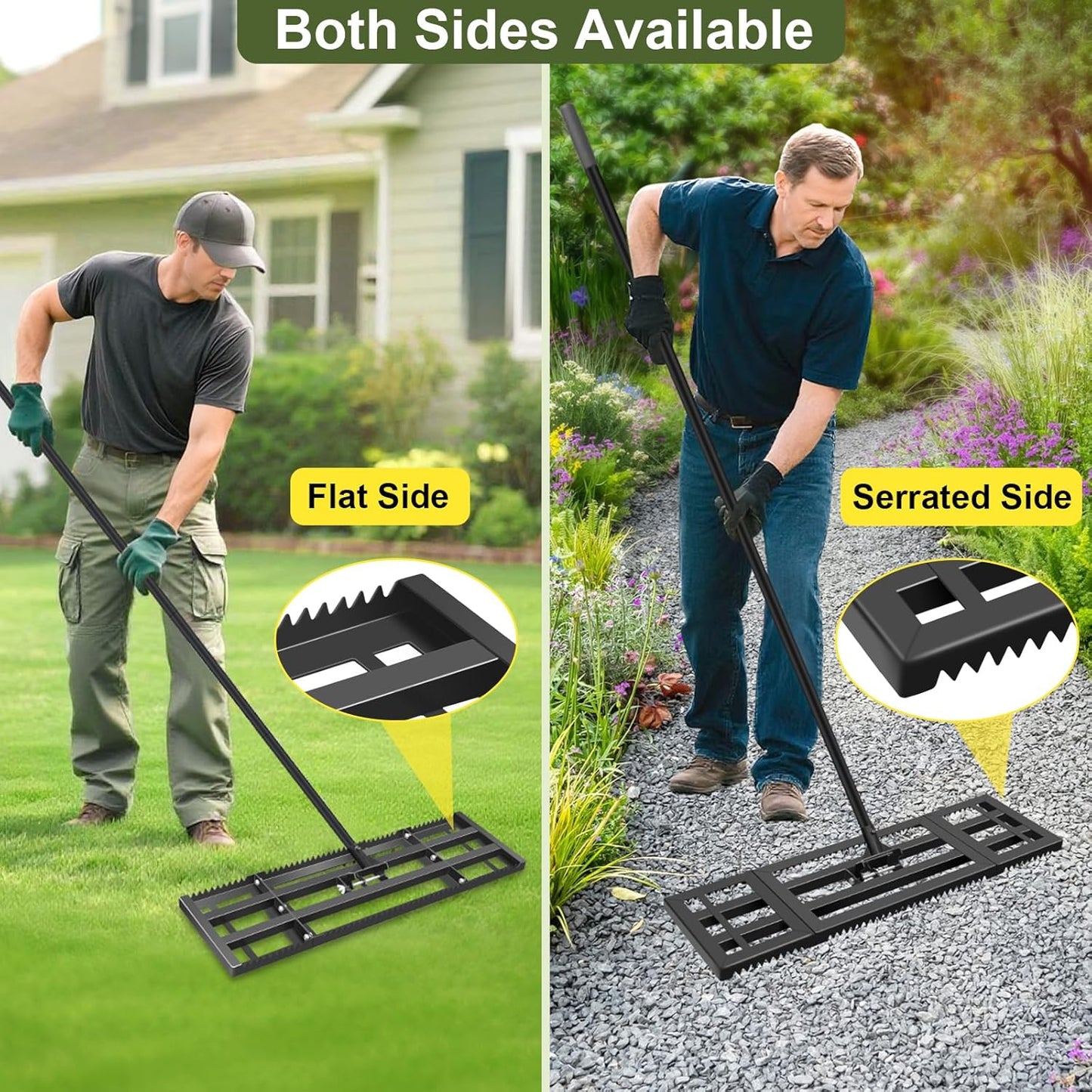 Lawn Leveling Rake-32"x10" Heavy Duty Leveler Reinforced Landscape Tool, Steel Golf Rake with Serrated Edge & Smooth Plate for Level Soil Compost Sand Grass Dirt Yard Garden 6.5FT Adjustable Handle