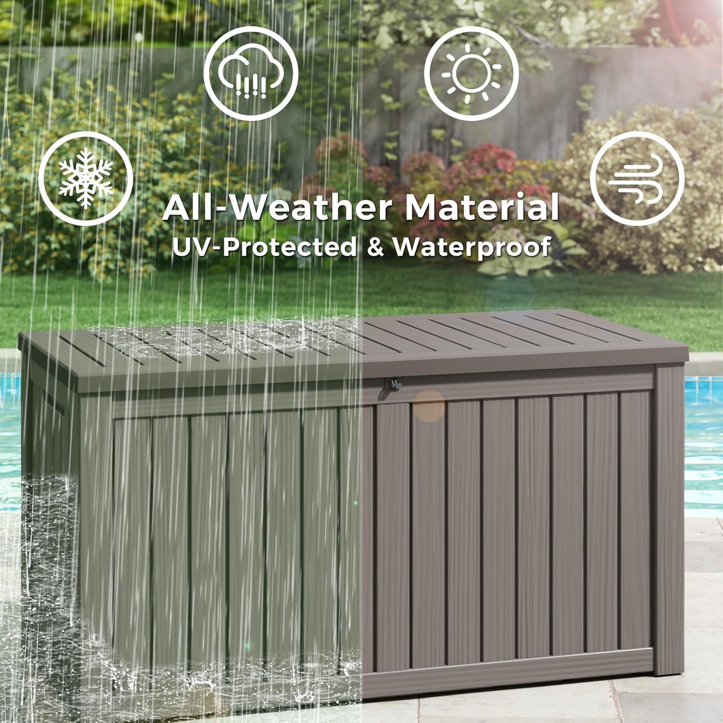 150 Gallon Resin Deck Box, Large Indoor and Outdoor Storage Box, Weatherproof and UV Resistant Outdoor Storage Box with Built-in Steel Beams for Patio, Cushions, Pool Supplies