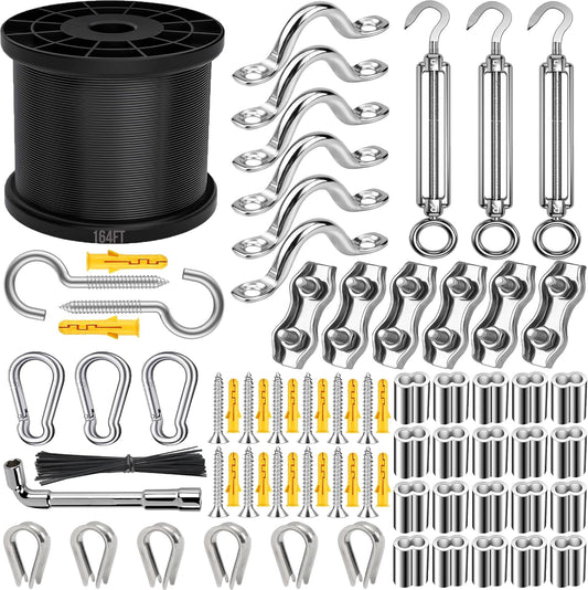 165FT String Light Hanging Kit,304 Stainless Steel Cable Kit - Heavy Duty 480LB Capacity, Adjustable Turnbuckles & Complete Accessories for Clothesline, Garden Rigging
