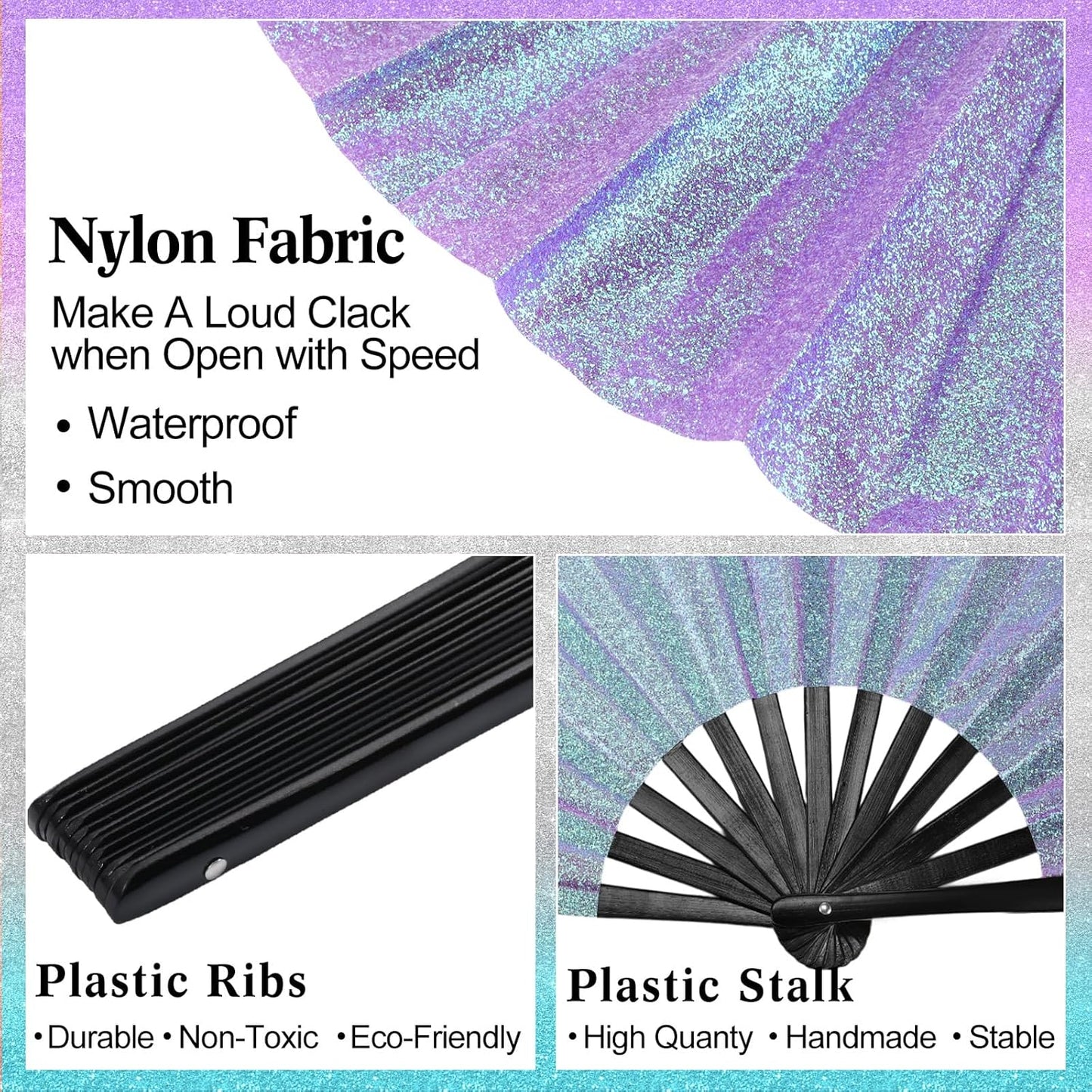 Maitys 2 Packs Large Clap Fans for Line Dancing Large Chinese Folding Hand Fans for Men and Women, Festival, Tai Ji, Kungfu, Martial Art, Gifts (Glitter Sliver and Purple)