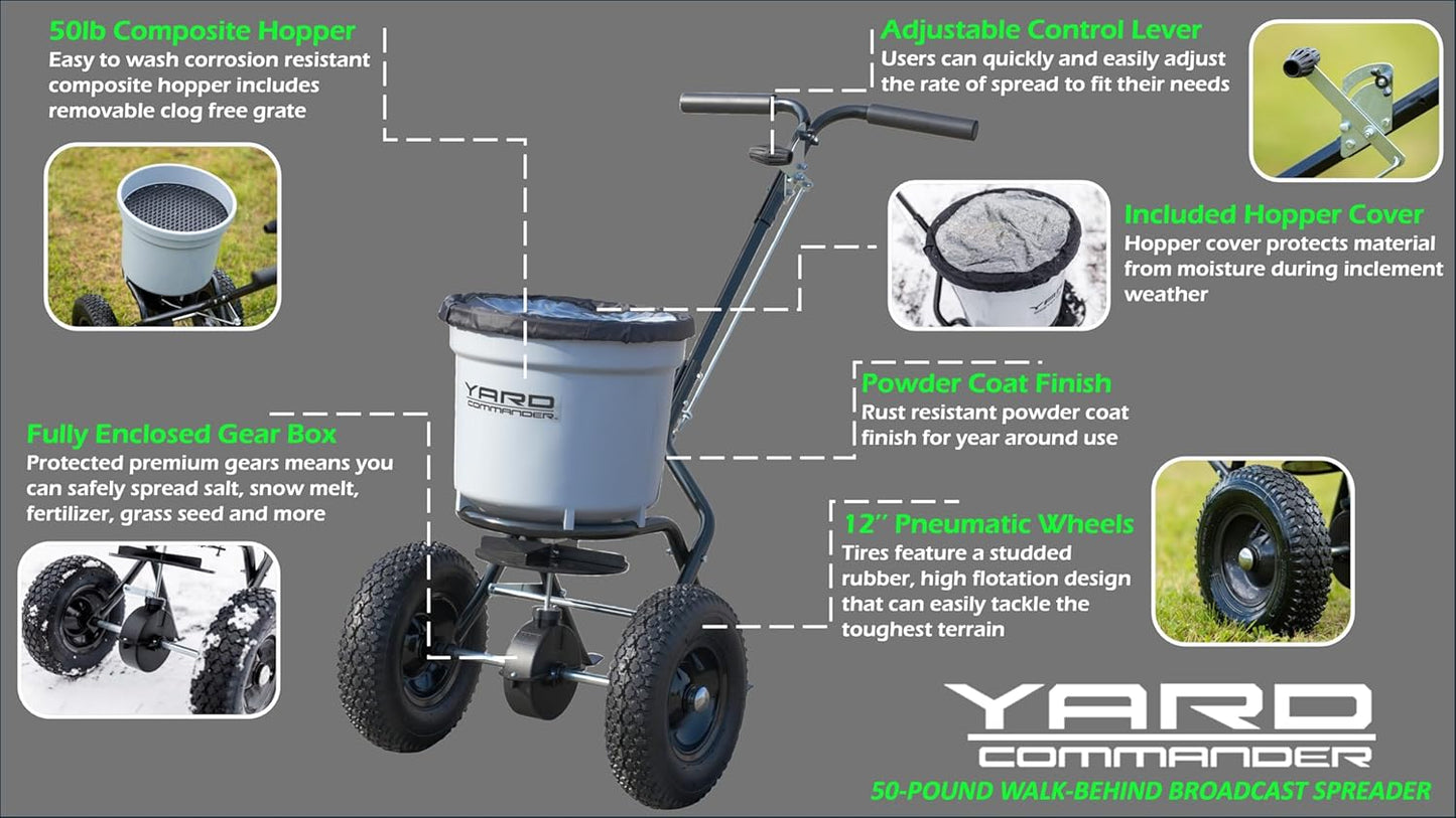 Yard Commander - Commercial 50 LB Walk-Behind Push Broadcast Spreader - 10-12 Foot Spread - Fertilizer, Salt & Grass Seed - Clog Free Design - Fully Enclosed Gear Box - Adjustable Drop Rate