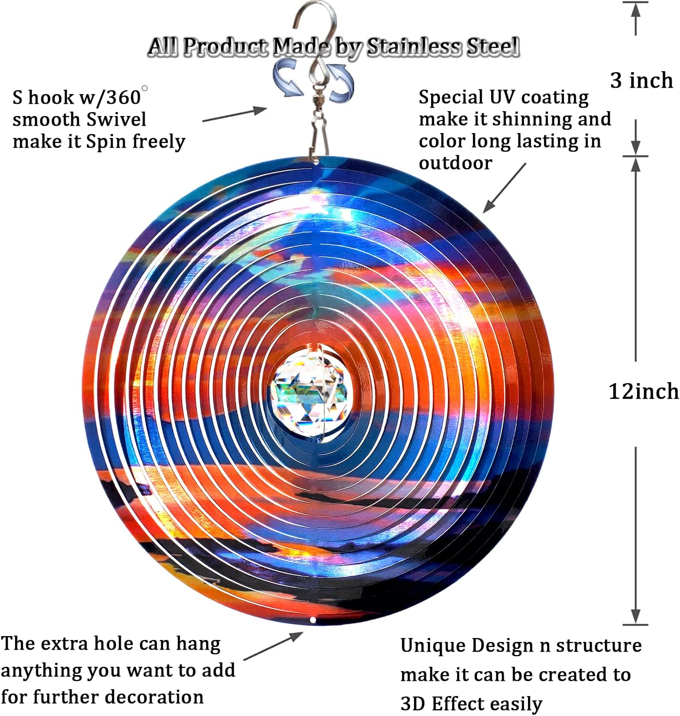 FONMY Mandala Wind Spinner w/Crystal Ball-Rosy Down 3D Stainless Steel Hanging Spinners Worth Gift Christmas Decoration Indoor/Outdoor Garden Décor Kinetic Yard Art 12 Inches Wind Sculpture