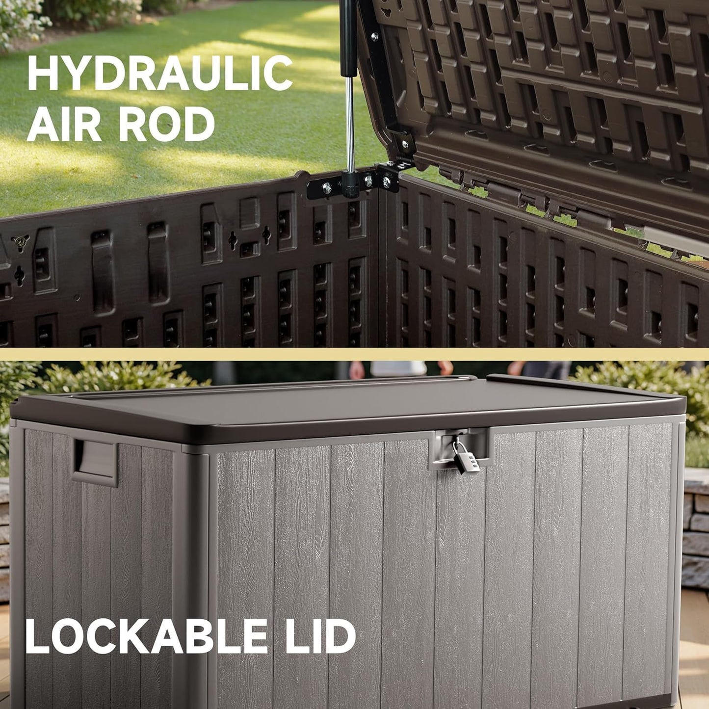 120 Gallon Resin Deck Box, Double Layer Waterproof & Outdoor Indoor Lockable Storage Box for Patio Furniture Cushions Garden Tools (Brown)