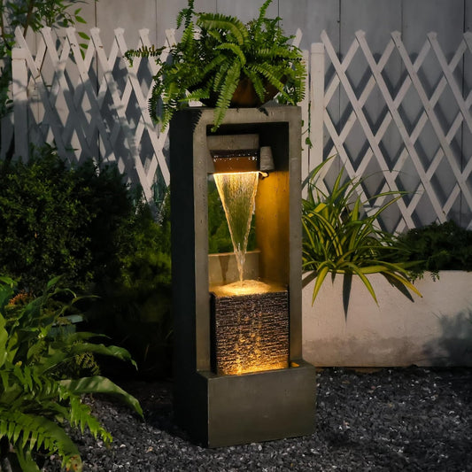 Outdoor Water Fountain Jar Water Feature for Garden Floor Standing Fountains Resin Cascading Waterfall with Pump and Lights for Patio Yard Deck Home Decor, 41 inches Tall