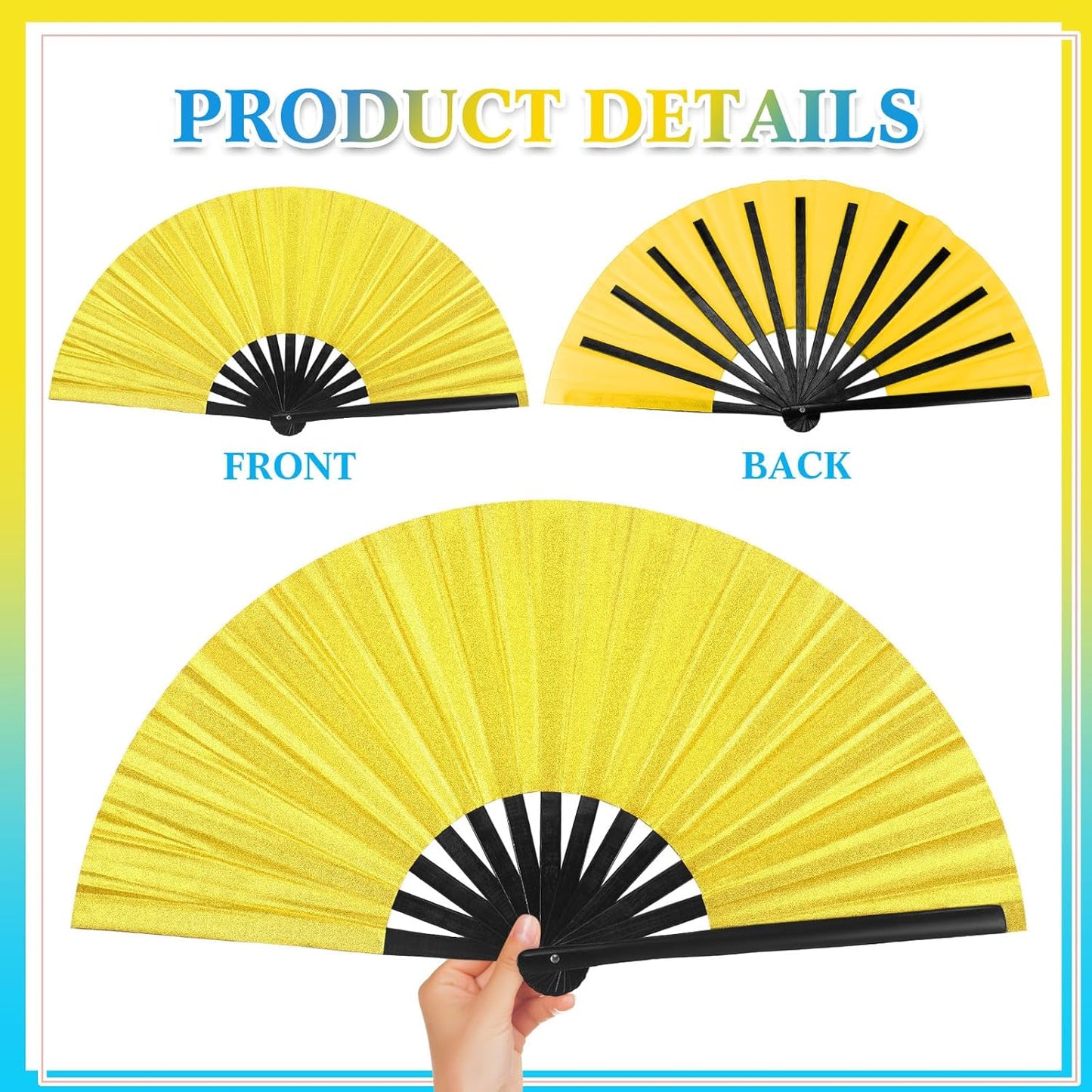 Maitys 2 Packs Large Clap Fans for Line Dancing Large Chinese Folding Hand Fans for Men and Women, Festival, Tai Ji, Kungfu, Martial Art, Gifts (Glitter Yellow and Blue)