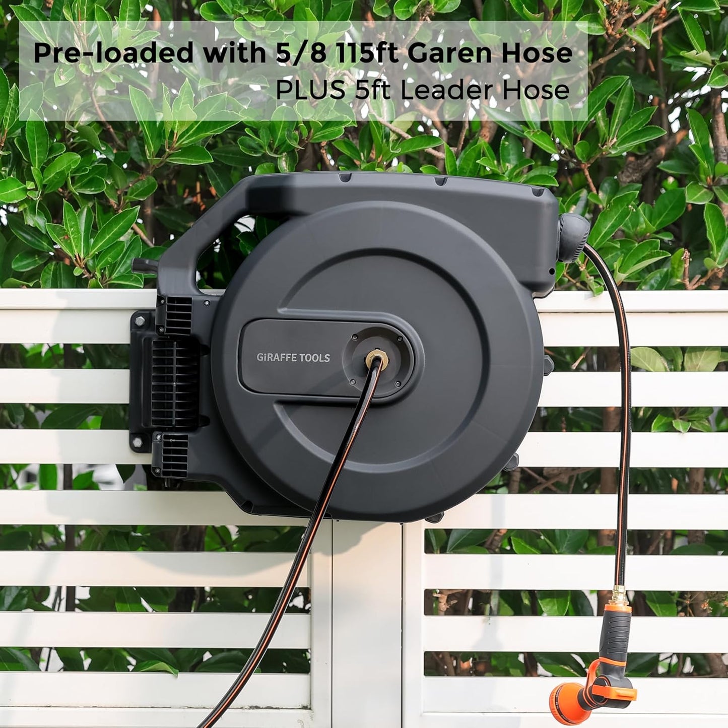Giraffe Tools AW505/8 Retractable Garden Hose Reel 5/8" x 115+5 ft, Heavy Duty Wall Mounted Water Hose Reel Automatic Rewind, 180 Deg Swivel Bracket, Slow Retraction, 115ft, Dark Grey