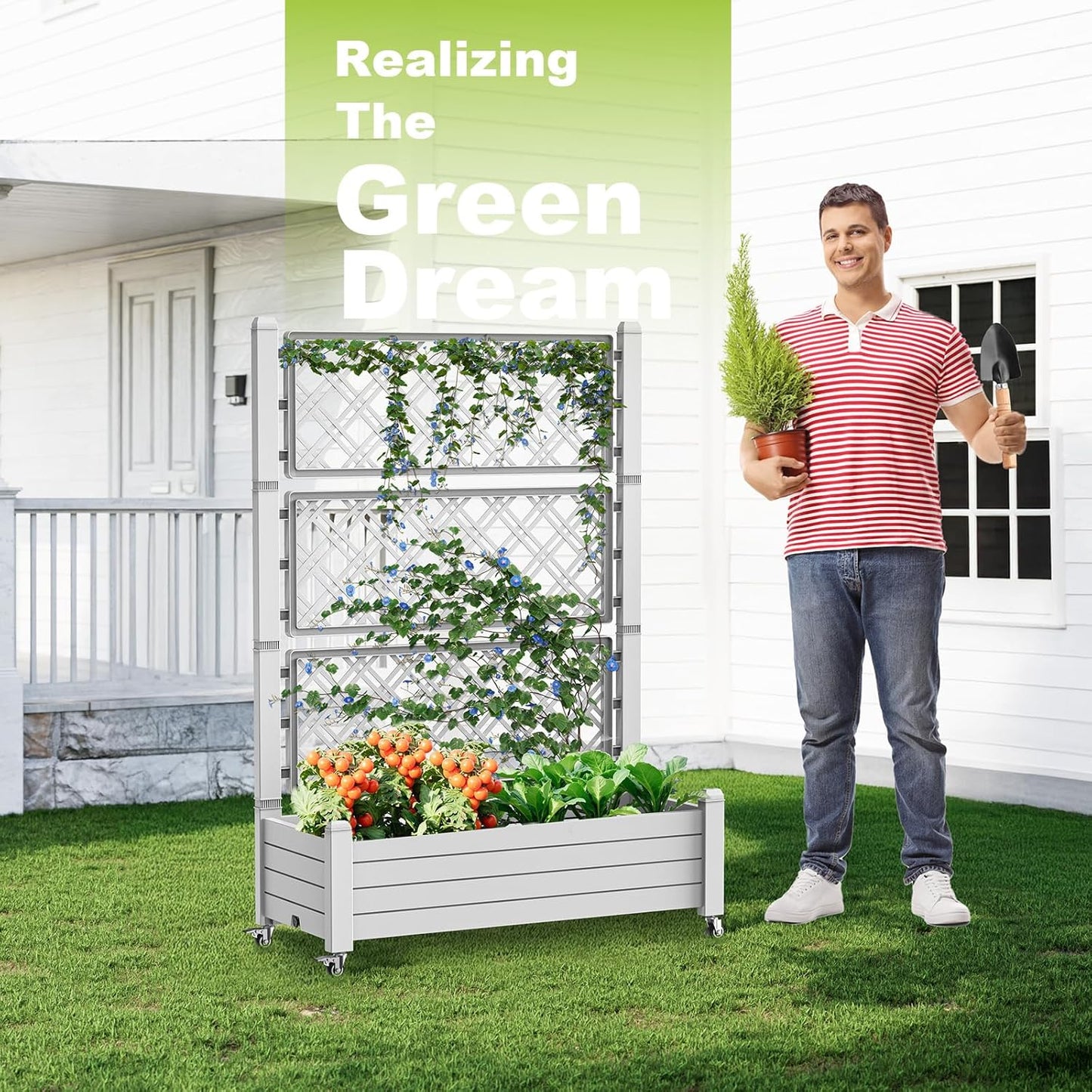 Elevated Raised Garden Bed with Trellis,Outdoor Large Resin Patio Planter Box Stand Divisible with Drain Plug,Water Monitor for Plants Vegetables Flowers Fruits (Ashen, 43.43 * 18.27 * 64.29)