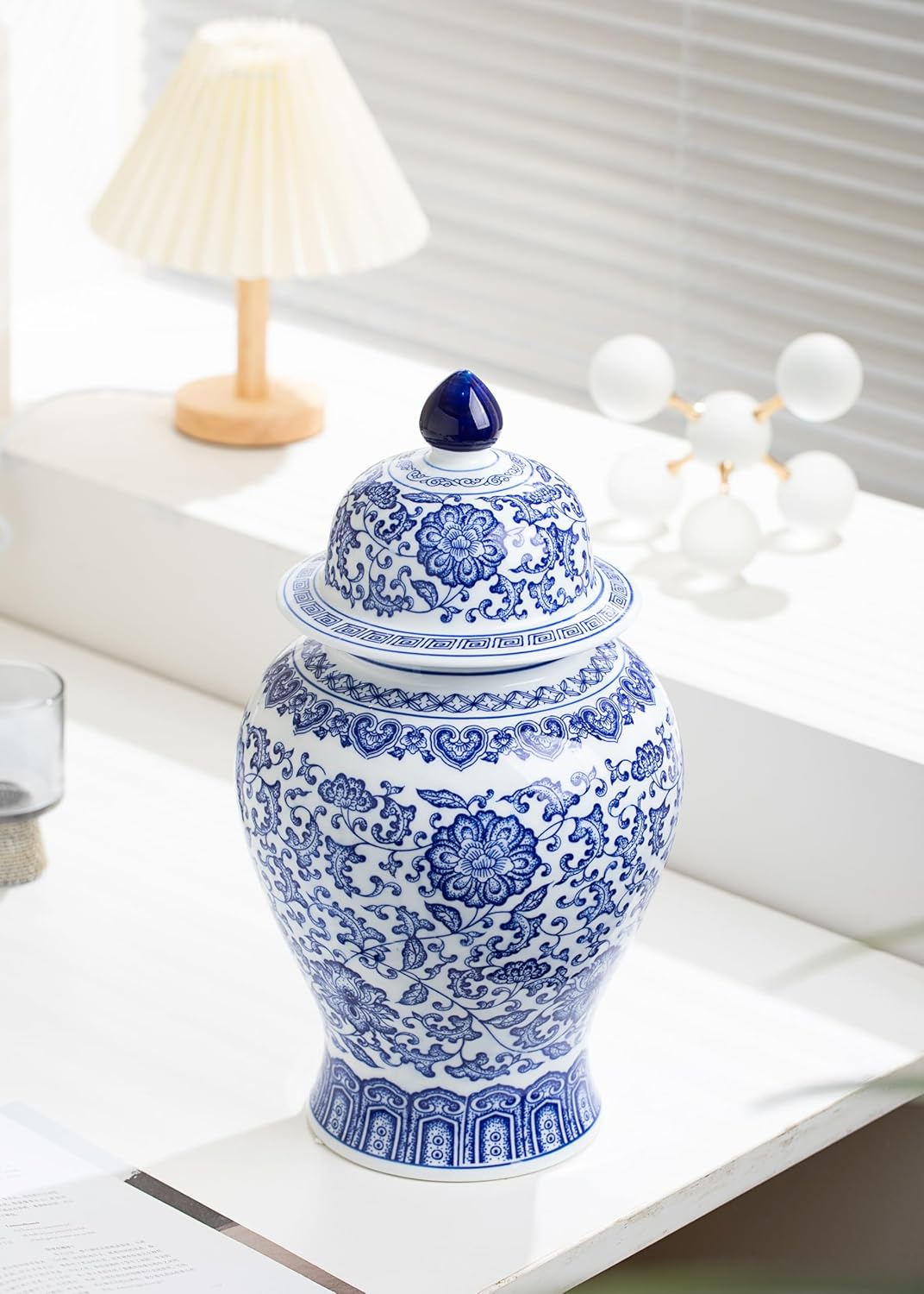 Blue and White Ginger Jar, Ceramic Chinoiserie Decorative Jars for Home, Office, Flower Vase Pocelain, Glossy Vase for Table, Living Room, Bookshelf, Mantle Fireplace, Centerpieces,15" H