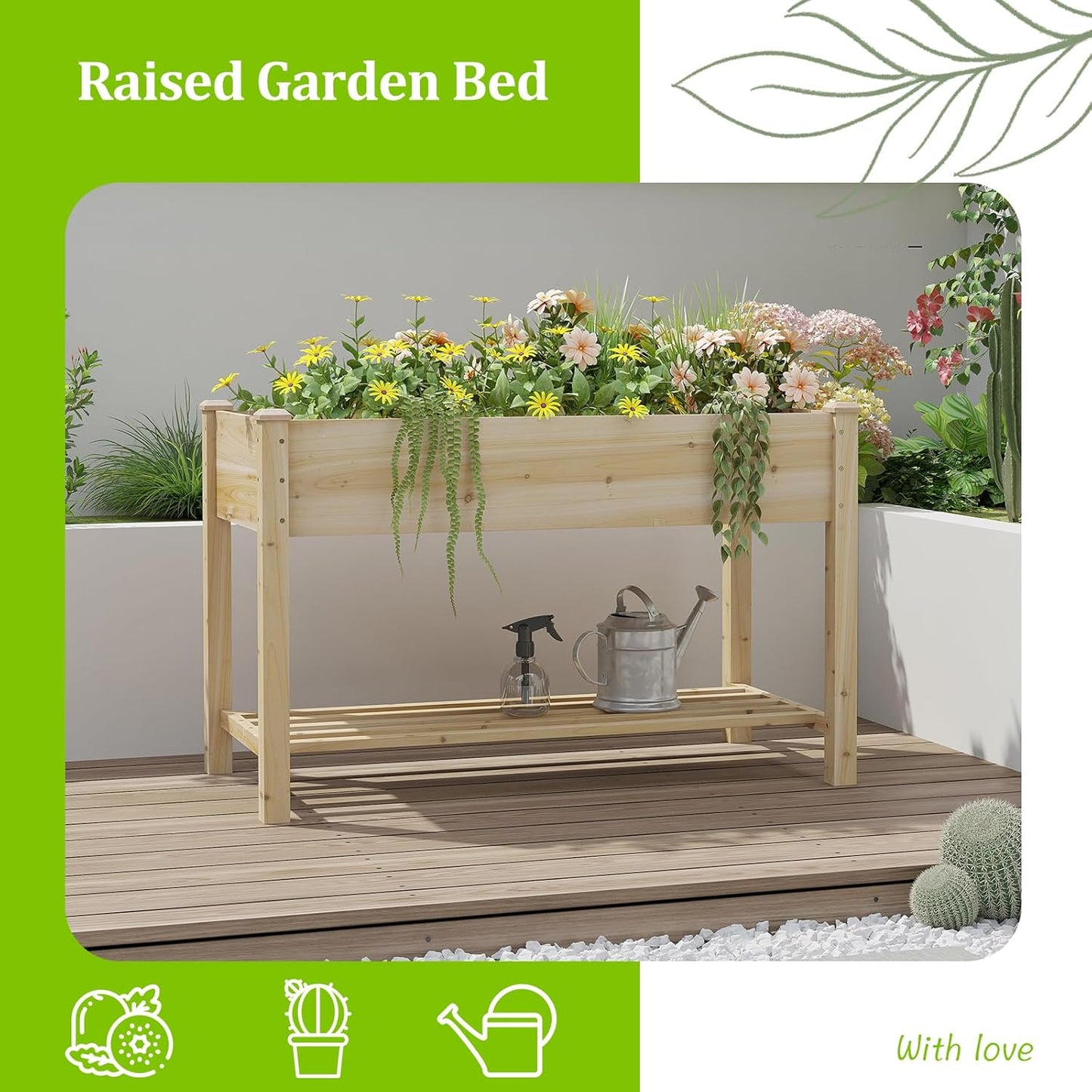 Raised Garden Bed, Planter Box with Storage Shelf, Elevated Wooden Planter Box with Legs, Garden Planter for Backyard, Patio, Balcony, Natural Wood (Natural, M)
