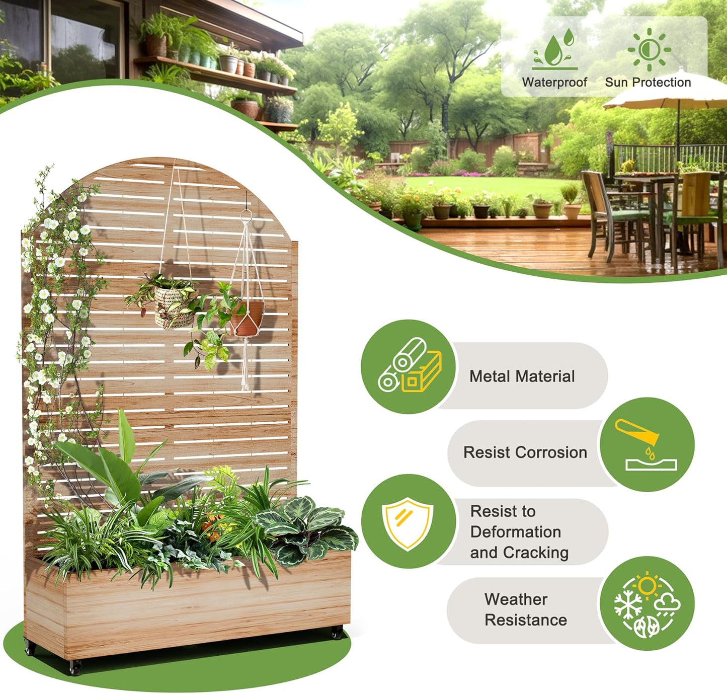 FENCY Metal Raised Garden Bed with Wheels and Trellis,Arched 73"x47"x16" Planter Box for Climbing Plants, Vegetables & Vines, Features Privacy Screen and Drainage Holes (Acacia Wood Finish)