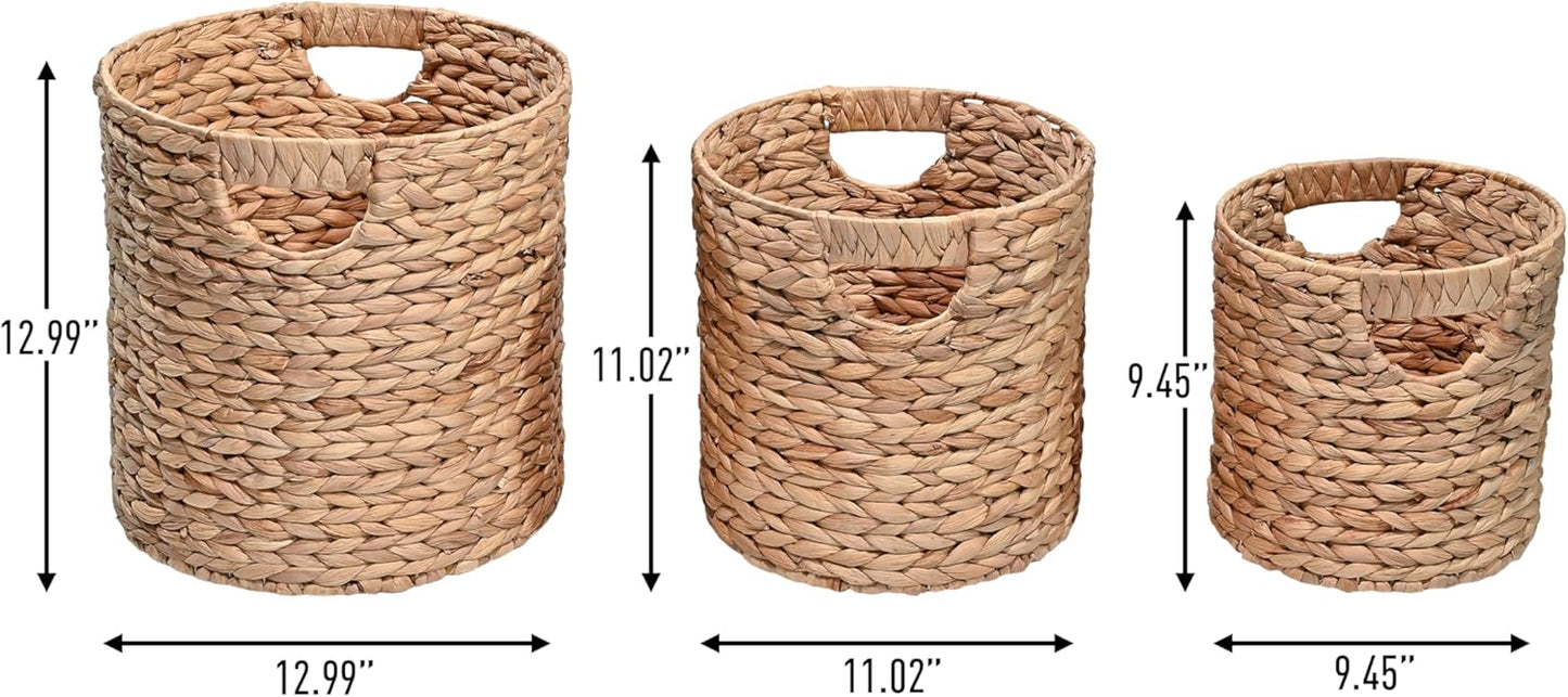 happimess BSK2011A-3SET Avery Bohemian Cottage Handwoven Hyacinth Cylinder Nesting Wicker Storage Baskets with Handles, Natural (Set of 3), Seagrass Containers for Decoration in Living Room, Bedroom