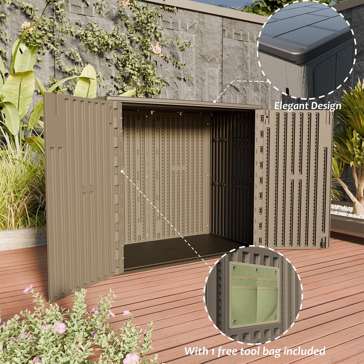 HOMSPARK 37 Cu.Ft Outdoor Storage Shed Weather Resistant, Multi Functional | Double-Wall Resin Storage Sheds & Outdoor Storage Box Waterproof for Backyard Garden Patio Lawn (Shallow Coffee)