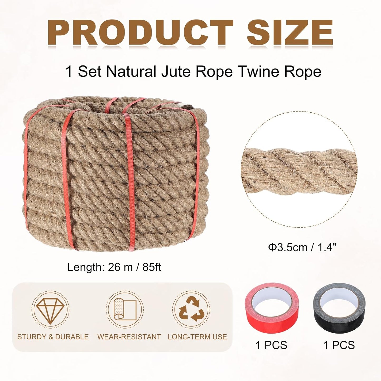 MECCANIXITY Jute Rope 1.4 Inch x 85ft, Thick Twine Rope Ropes Braided Jute Twine Natural Brown Burlap Cord String Heavy Twisted with Tapes for Decorative Crafts Railing Swing Tug of War