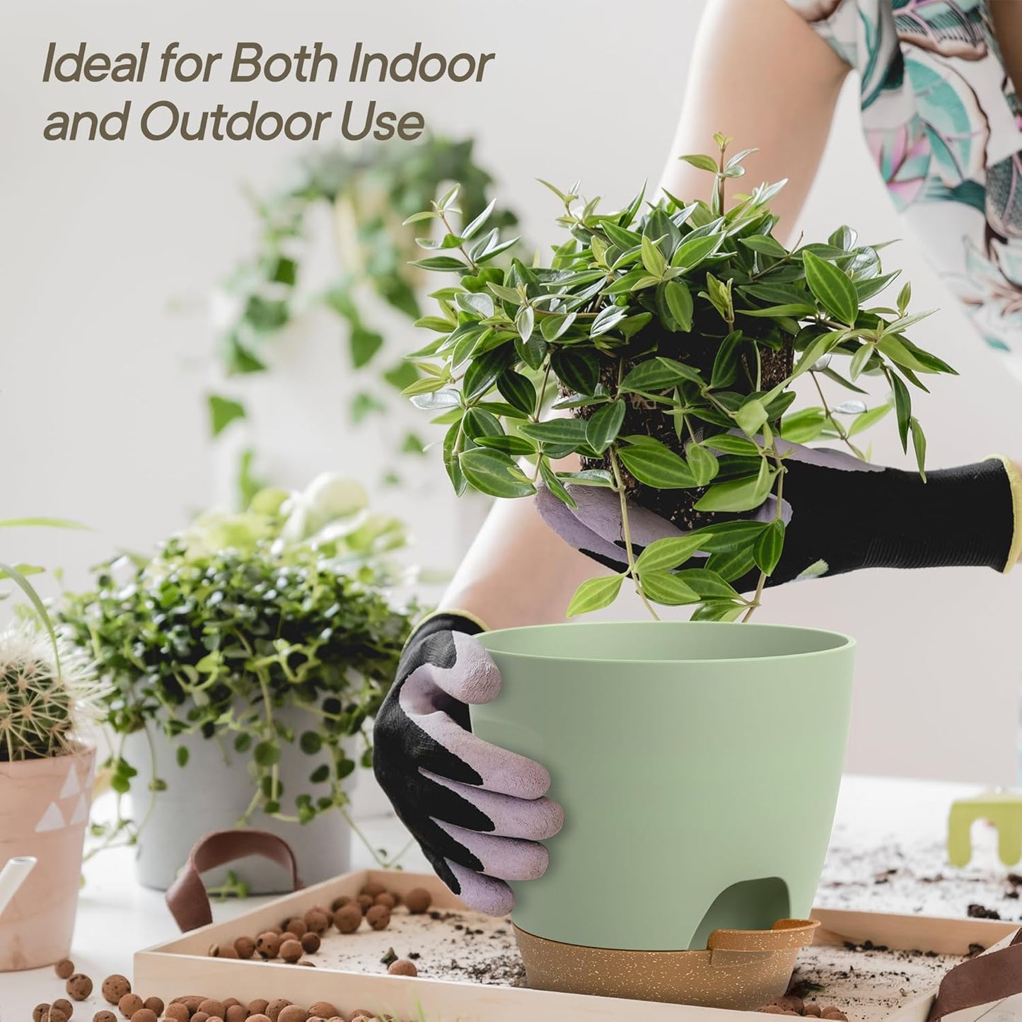 Green Hanging Self Watering Pots with Macrame Ivory Rope, 3 Pack Indoor & Outdoor Hanging Plant Pots with Built-in Reservoir, Wick Rope, Drainage Holes & Hooks, Stylish Boho Decor Hanging Planter