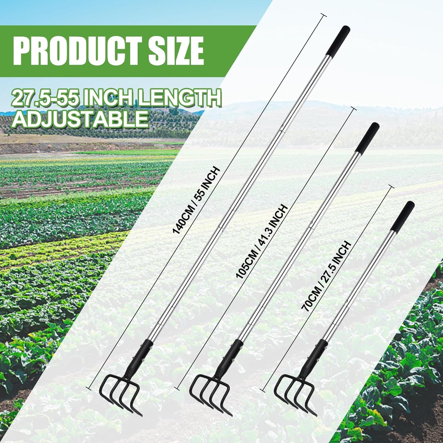 Long Hand Cultivator, Carbon Steel & Stainless Steel Tiller Cultivator, Garden Cultivator with Telescopic Handle and Soft Handle Cover, Hand Tiller for Digging Loosening Weeding