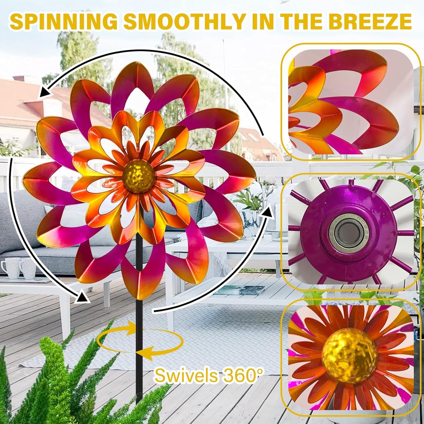 45" Gerbera Wind Spinners for Yard and Garden, Golden Balls Kinetic Wind Spinner Outdoor Decor, Wind Sculpture Yard Art Decorations for Patio, Lawn & Garden