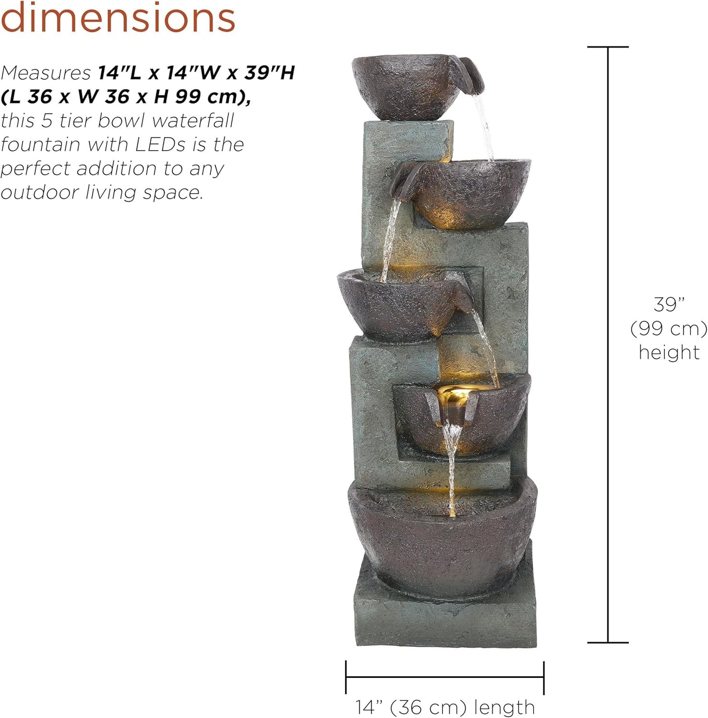 Alpine Corporation TZL390 Elegant Outdoor 5 Tier Bowls Waterfall Fountain with LED Lights for Garden, Patio, Yard, and Outdoor Spaces, Relaxing Cascading Fountain, 39" H, Gray